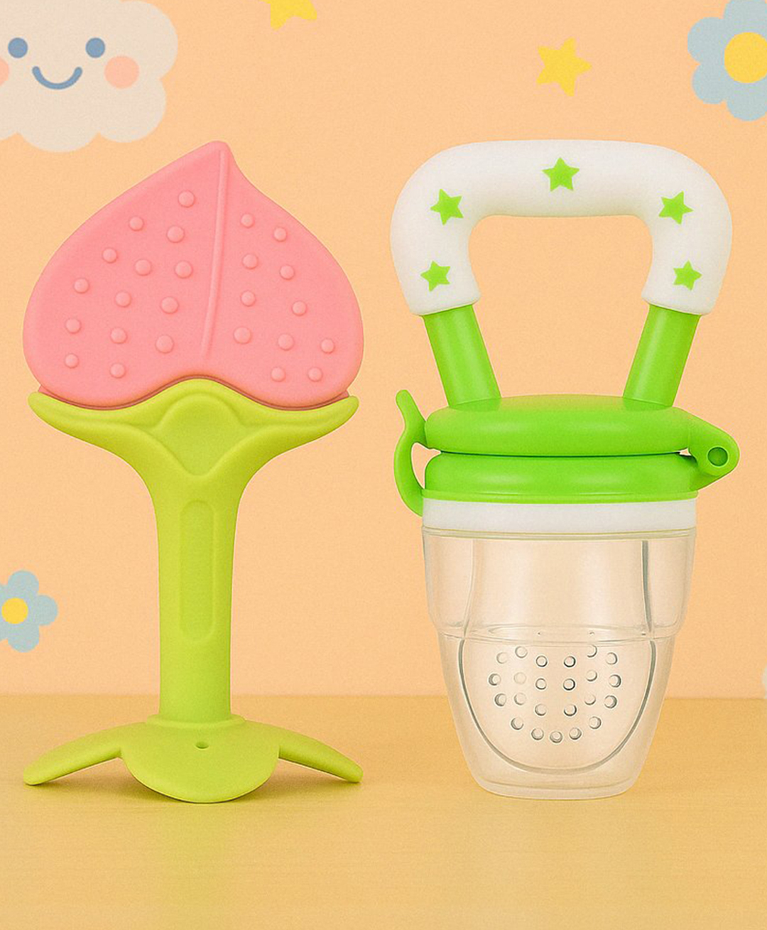 Badal Kidz Bpa Free 100 % Silicone Fruit Shape Teether And Fruit Feeder - Peach & Green (Pack Of 2)-image-48