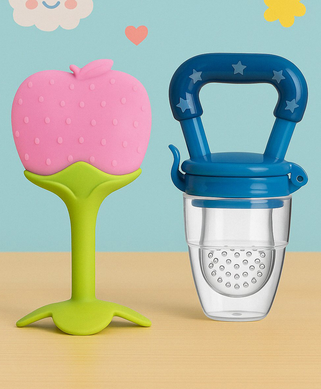 Badal Kidz Bpa Free 100 % Silicone Fruit Shape Teether And Fruit Feeder - Pink & Blue (Pack Of 2)-image-32