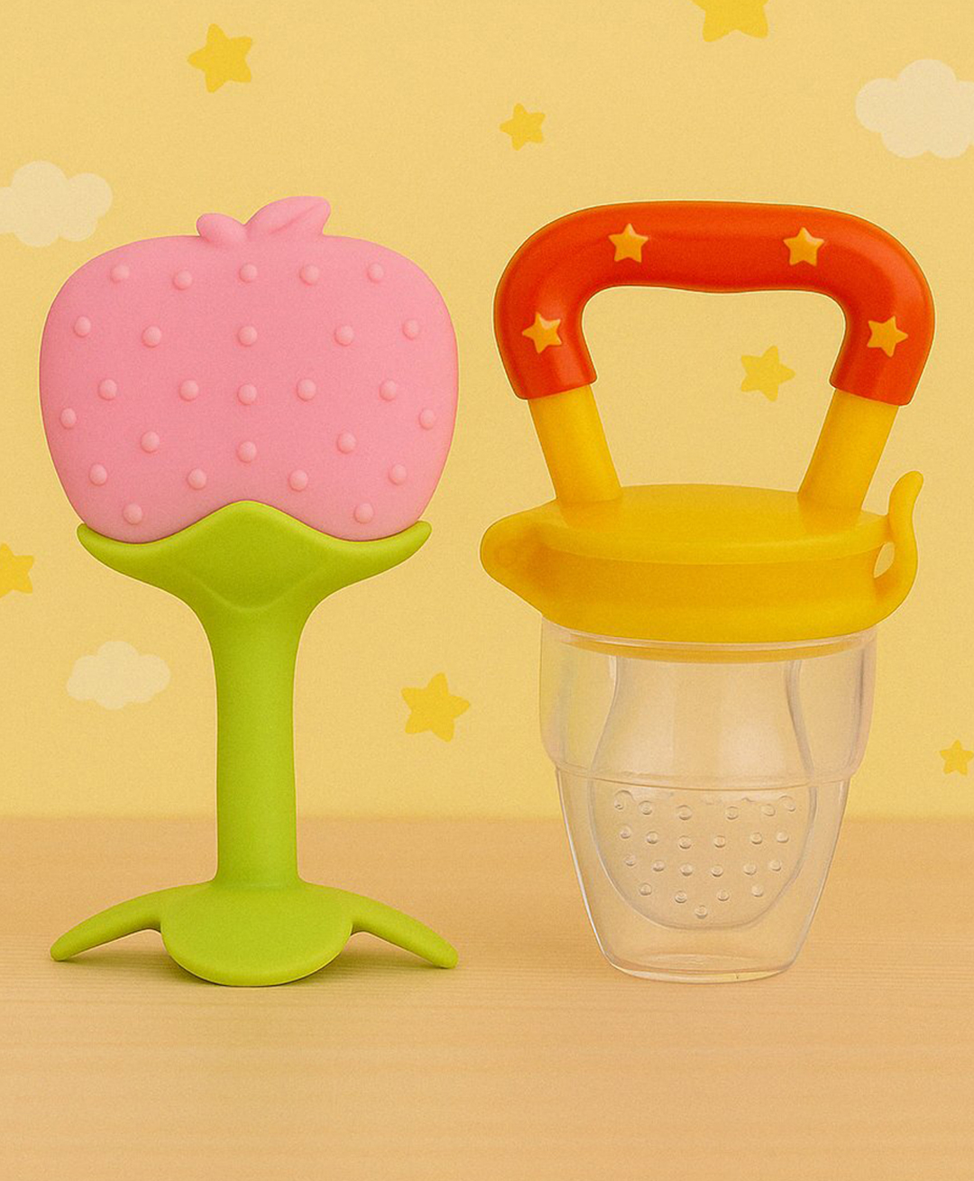 Badal Kidz Bpa Free 100 % Silicone Fruit Shape Teether And Fruit Feeder - Pink & Yellow (Pack Of 2)-image-49