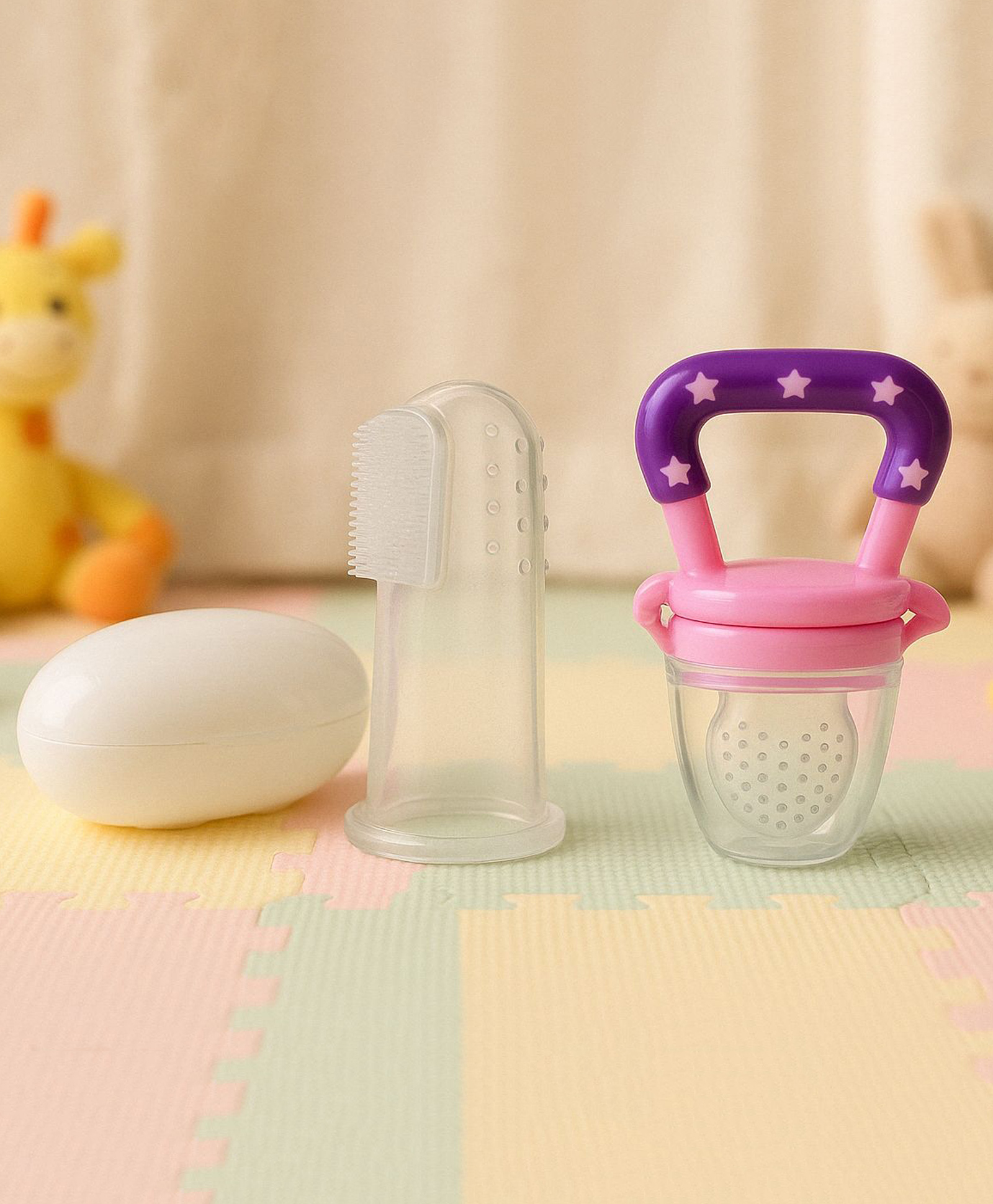 Badal Kidz Fruit Feeder Nibbler With Baby Silicone Finger Brush/Oral Brush/Baby Tounge Cleaner - Pink & White (Pack Of 2)-image-41