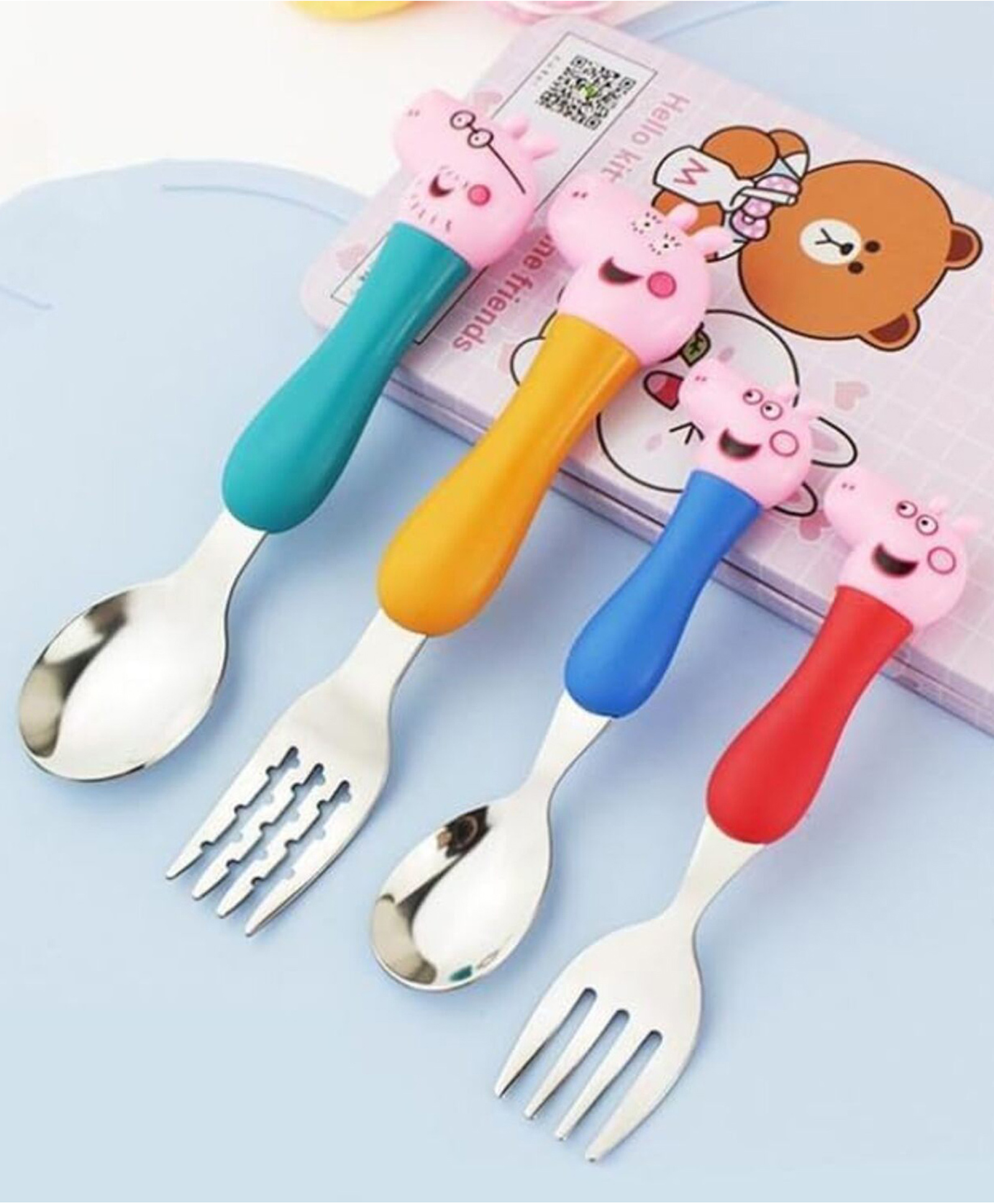 AEREX Cartoon Pig Spoon Set BPA-Free, Family Baby Spoon and Fork for Babies Kid-Friendly Cutlery Set with Safe & Durable Stainless Steel (304) Pack of 4 - Multicolor-image-43