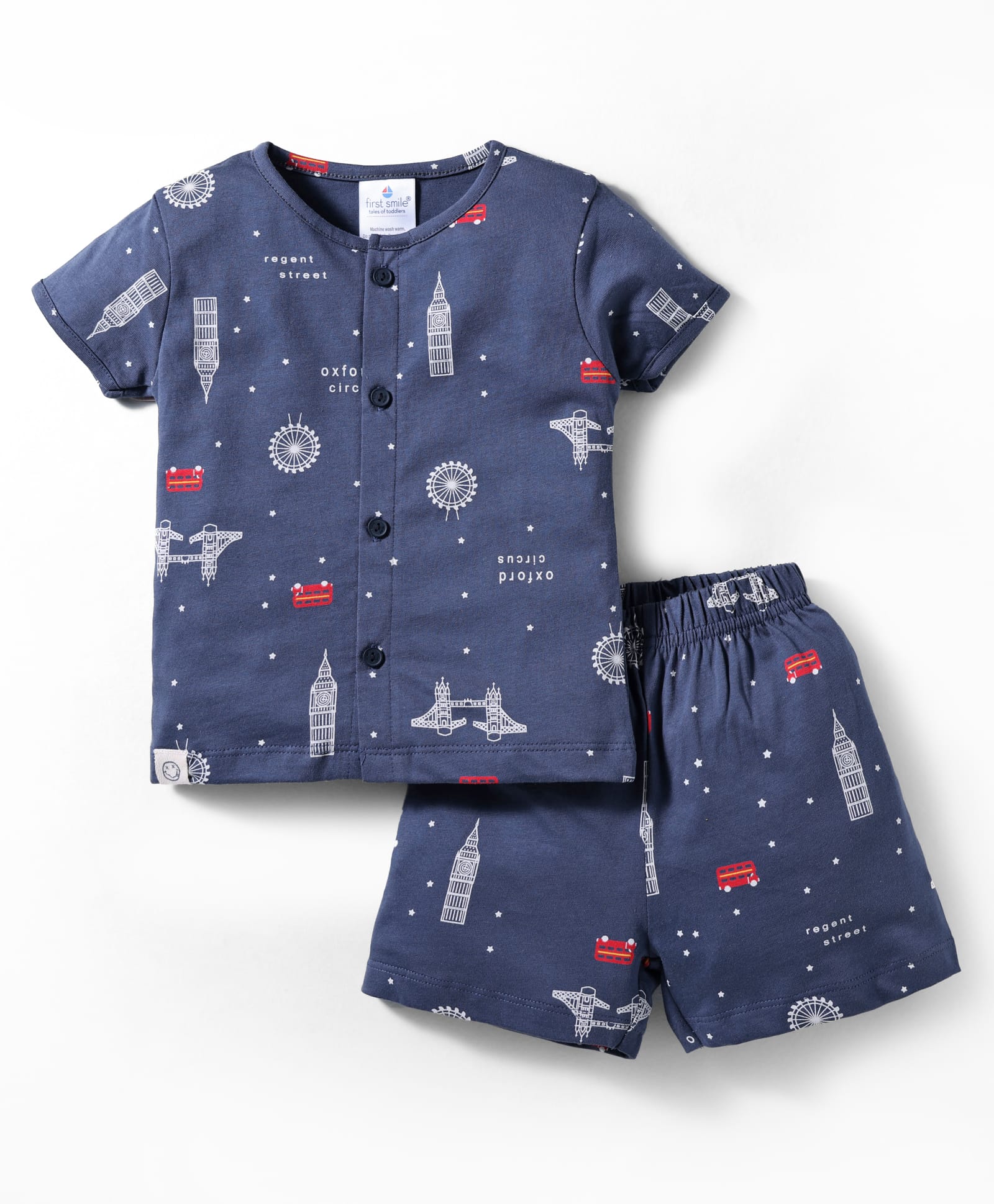 First Smile Sinker Knit Half Sleeves Shorts Co-Ord Night Suit With London Print - Navy Blue