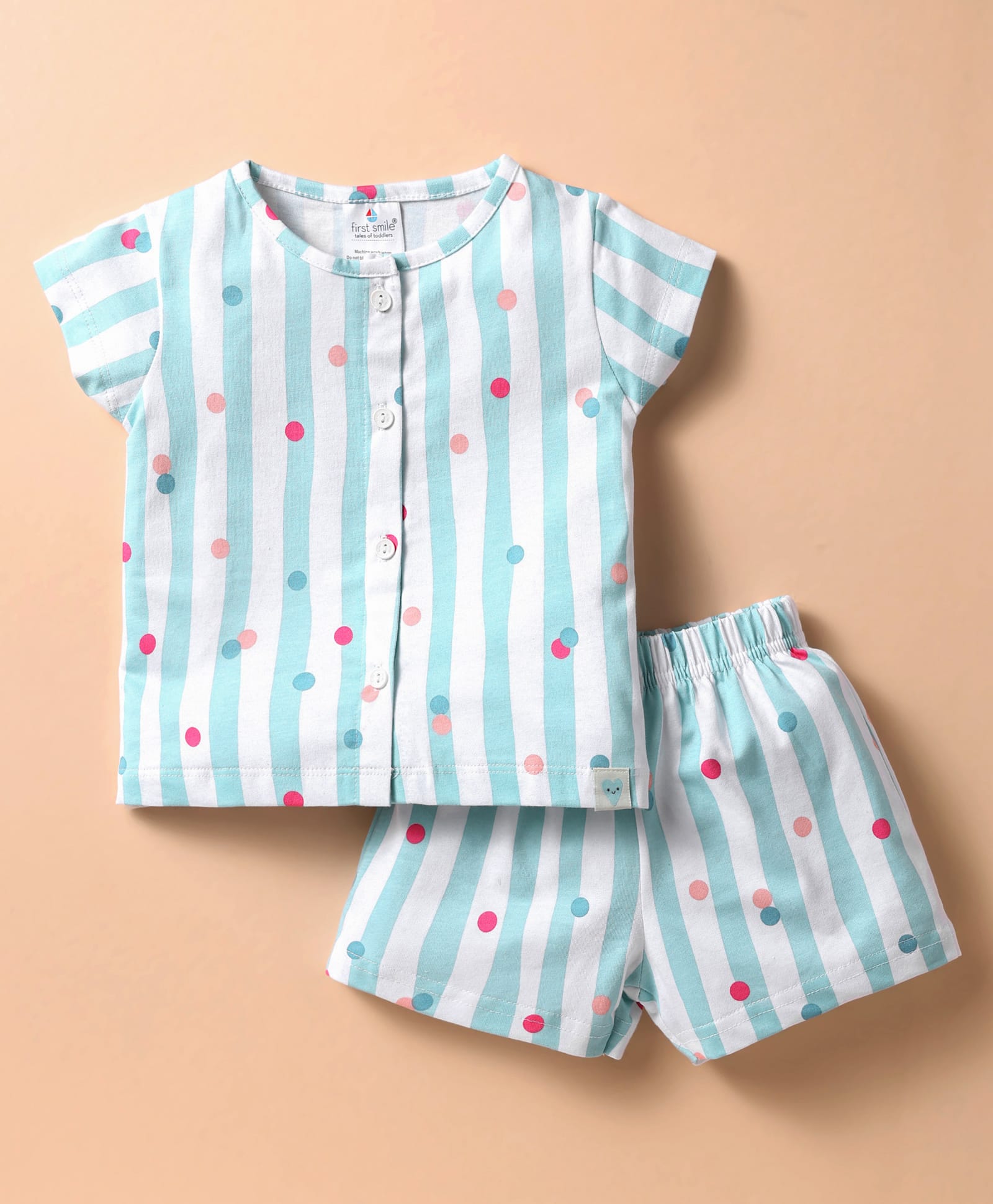 First Smile Sinker Knit Half Sleeves Shorts Co-Ord Night Suit with Stripes & Polka Dots - Light Blue-image-38