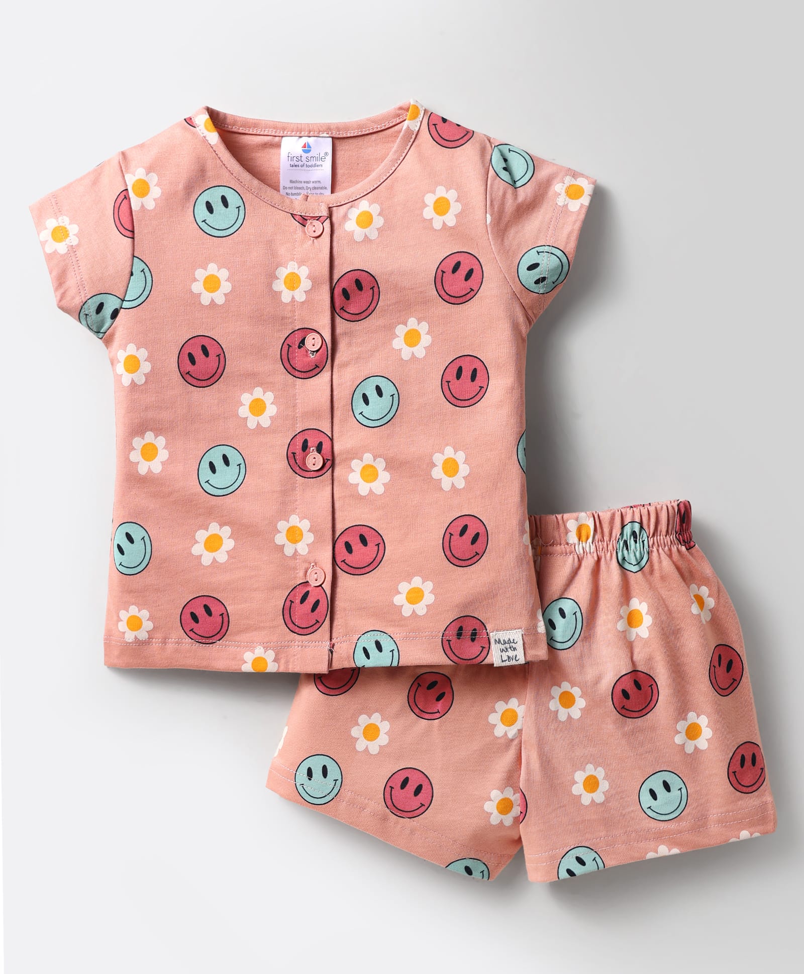 First Smile Sinker Knit Half Sleeves Shorts Co-Ord Night Suit with Smiley Print - Pink-image-23
