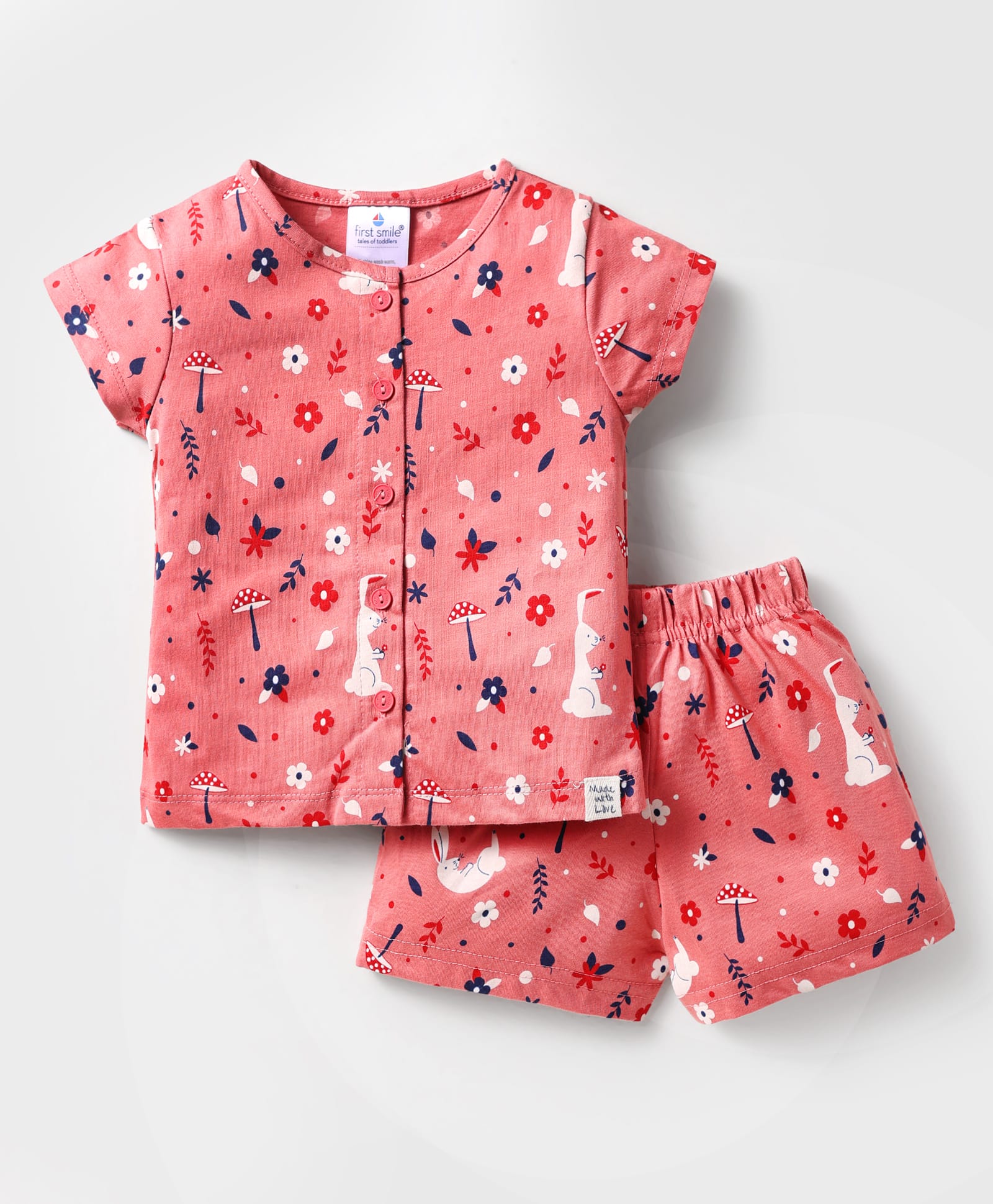First Smile Sinker Knit Half Sleeves Shorts Co-Ord Night Suit with Floral Print - Pink