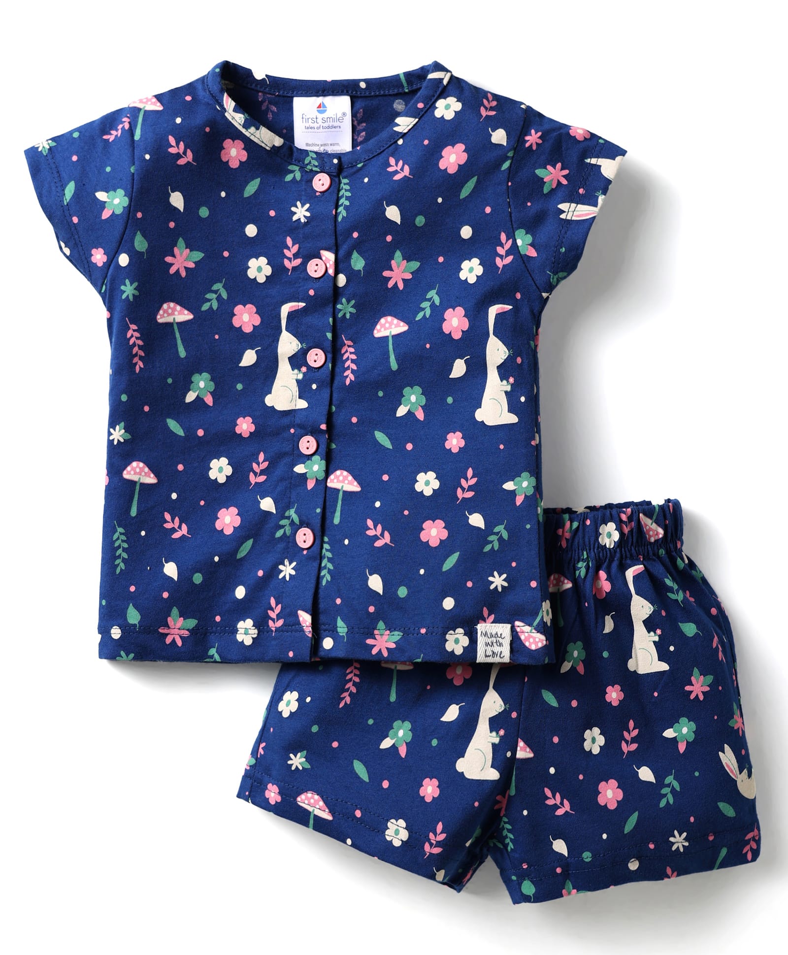 First Smile Sinker Knit Half Sleeves Shorts Co-Ord Night Suit with Floral Print - Navy Blue-image-47