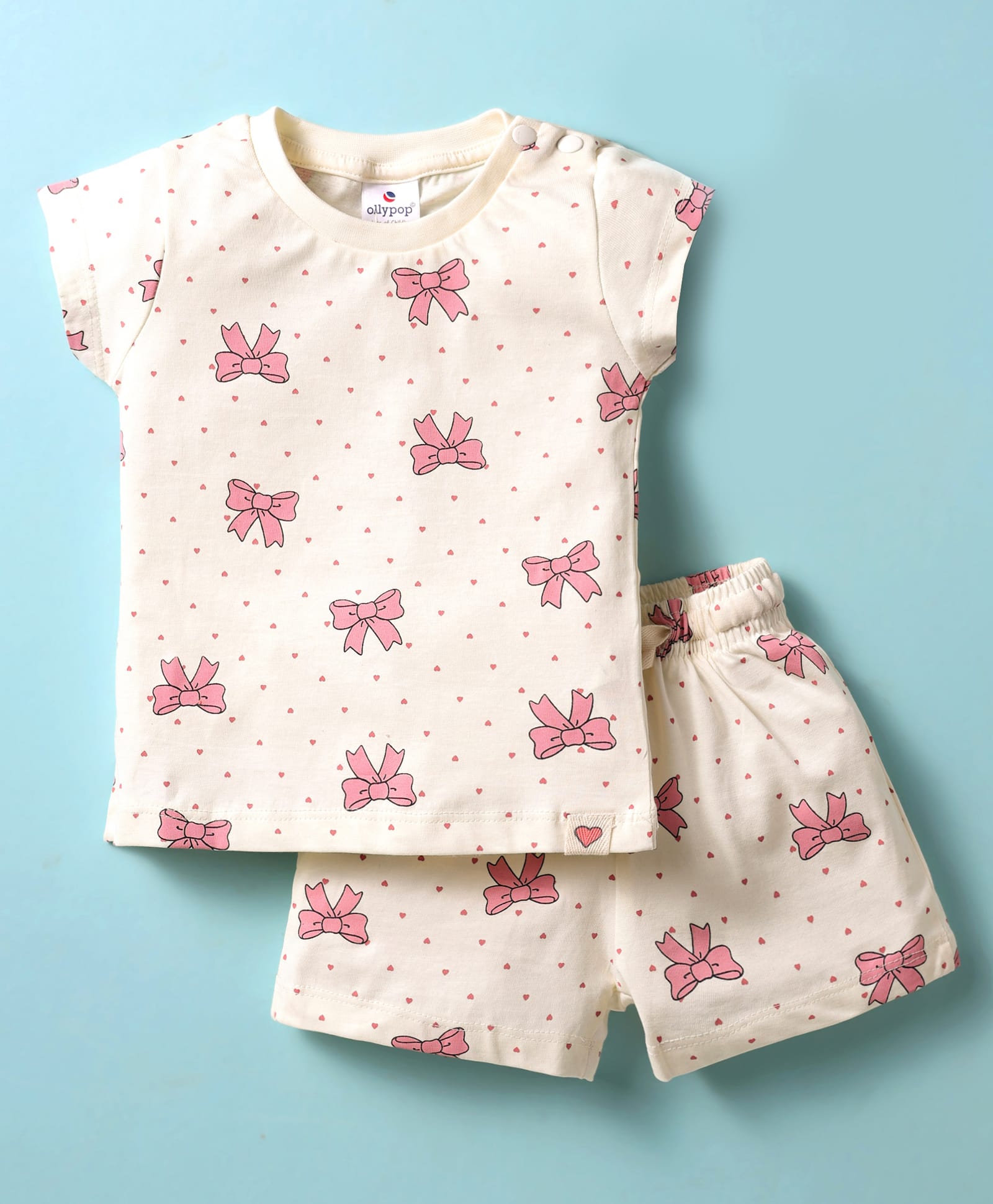 Ollypop Sinker Knit Half Sleeves Shorts Co-Ord Night Suit with Bow Print - White-image-32