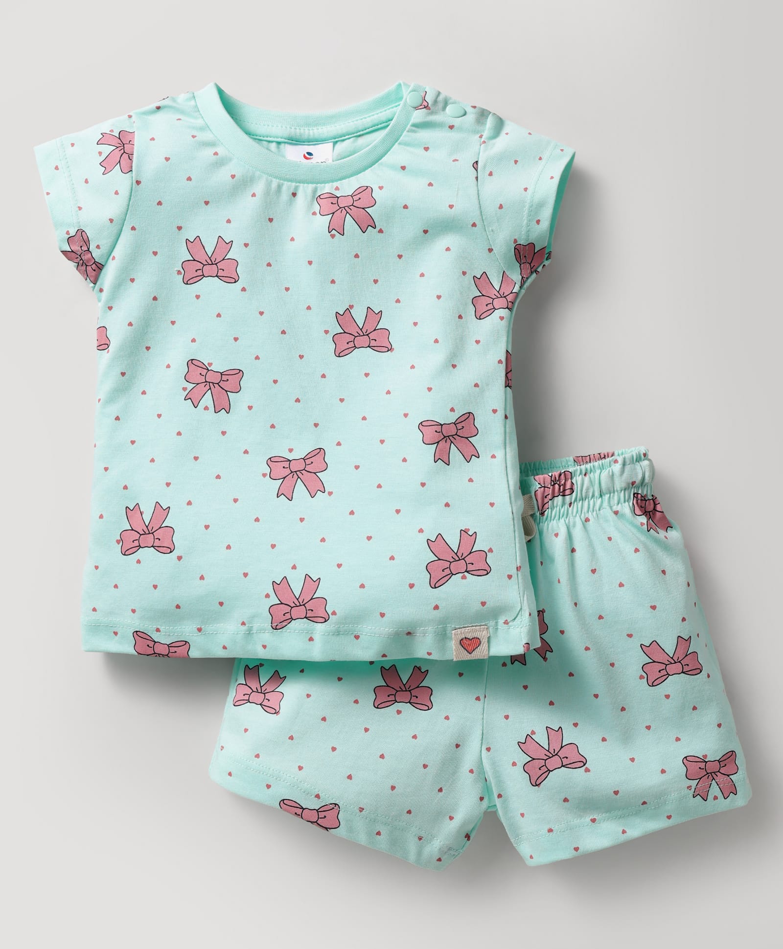 Ollypop Sinker Knit Half Sleeves Shorts Co-Ord Night Suit with Bow Print - Aqua Blue-picture-25