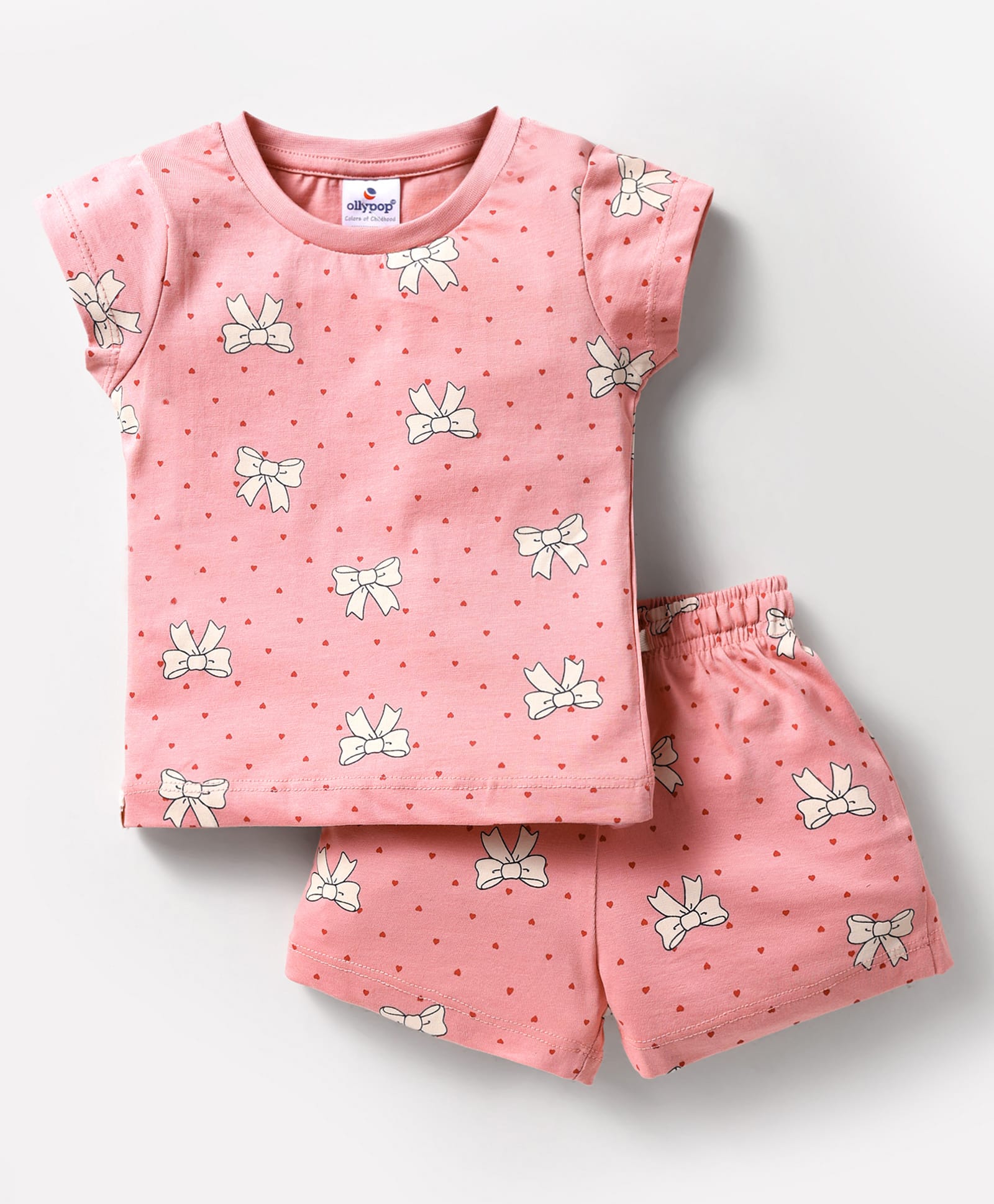 Ollypop Sinker Knit Half Sleeves Shorts Co-Ord Night Suit with Bow Print - Pink-picture-36