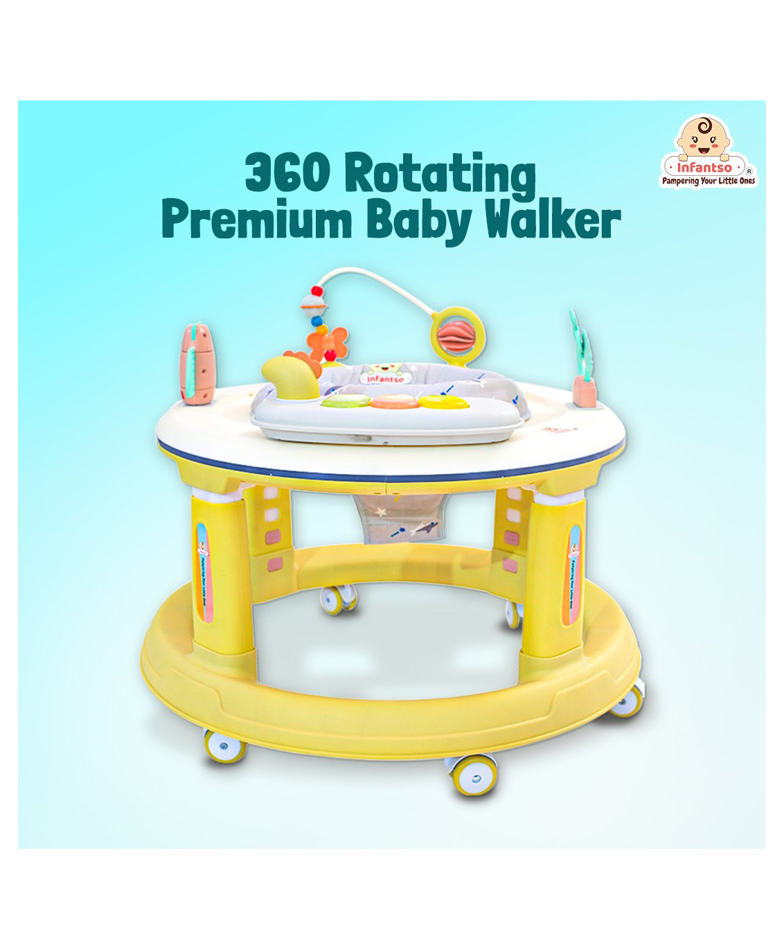 Infantso Roll & Stroll Activity Center & Baby Walker - 5 Heights Adjustments & 360° Rotation (6-24 Months) - Yellow-image-2