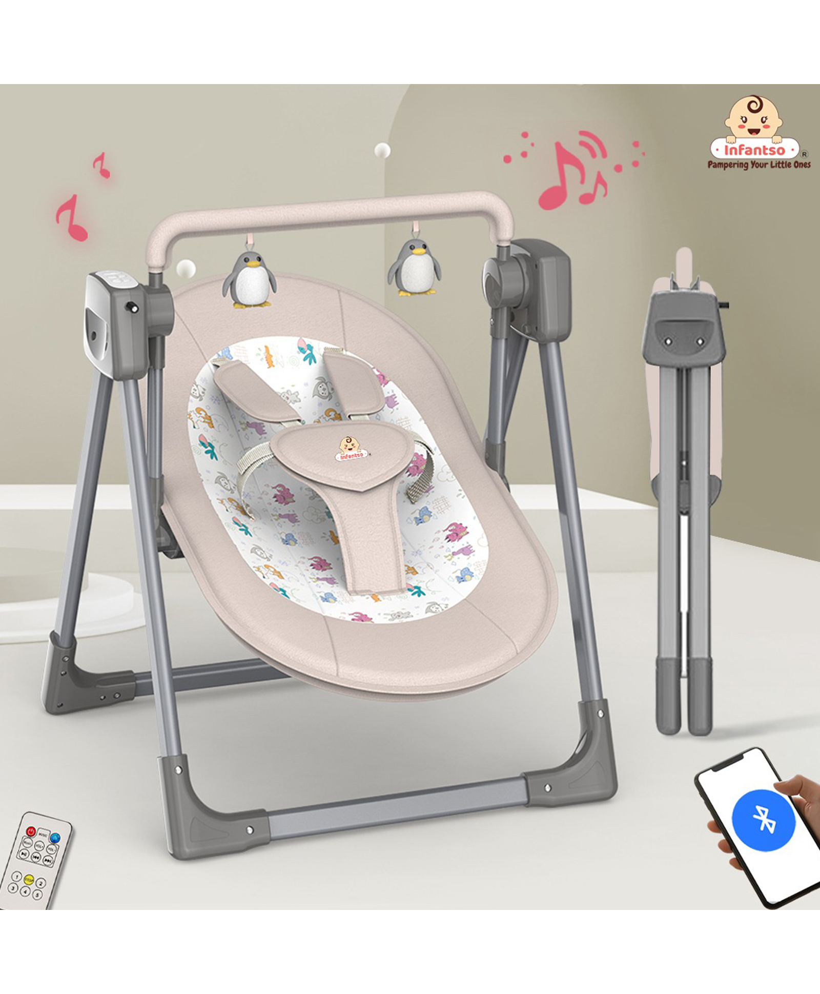 Infantso Automatic Baby Swing With Hanging Toys, Remote Control & Bluetooth connectivity for Babies (Beige)-image-3
