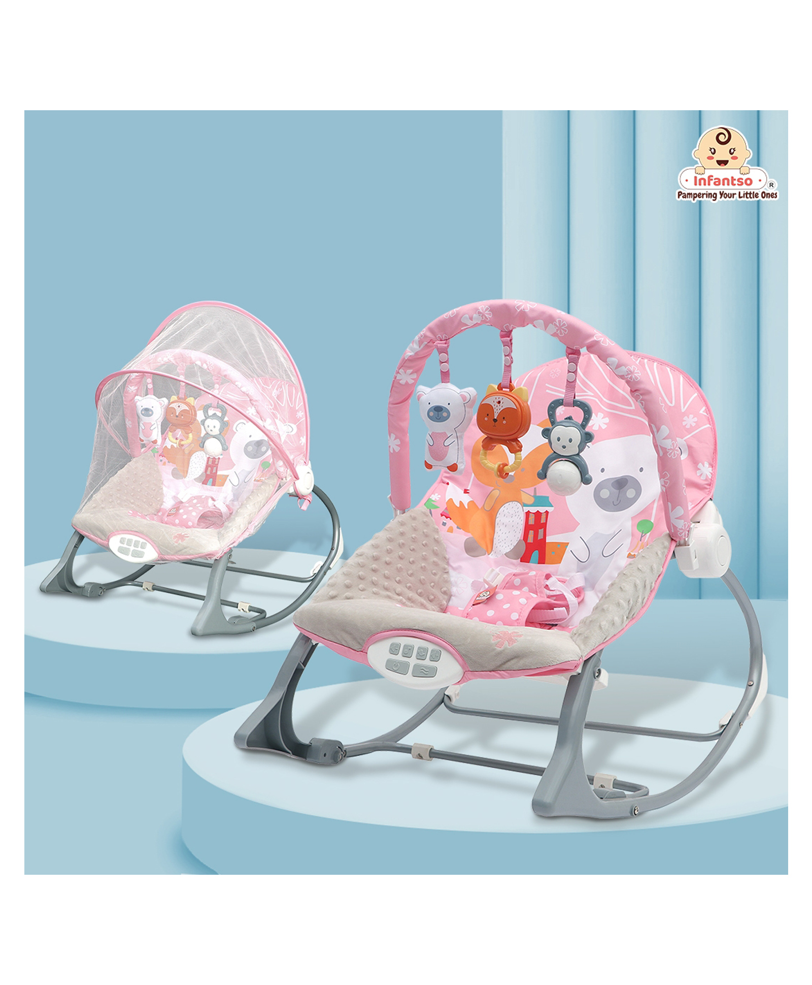 Infantso Baby Rocker Portable With Mosquito Net with Calming Vibrations & Musical Toy - Pink