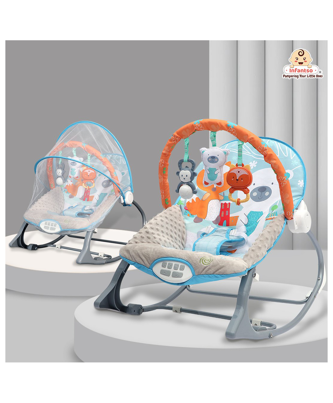 INFANTSO Baby Rocker Portable with Free Mosquito Net & Calming Vibrations & Musical Toy - Light Blue-image-21