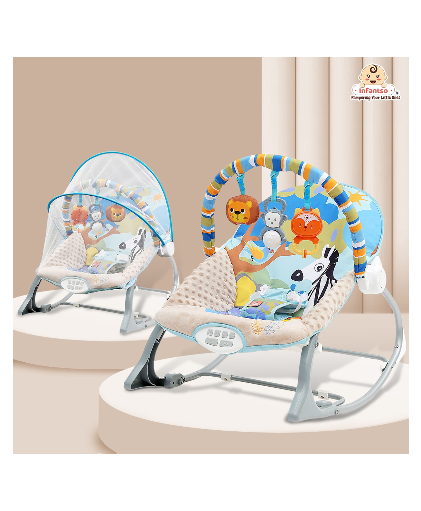 Infantso Baby Rocker Portable With Mosquito Net with Calming Vibrations & Musical Toy - Blue