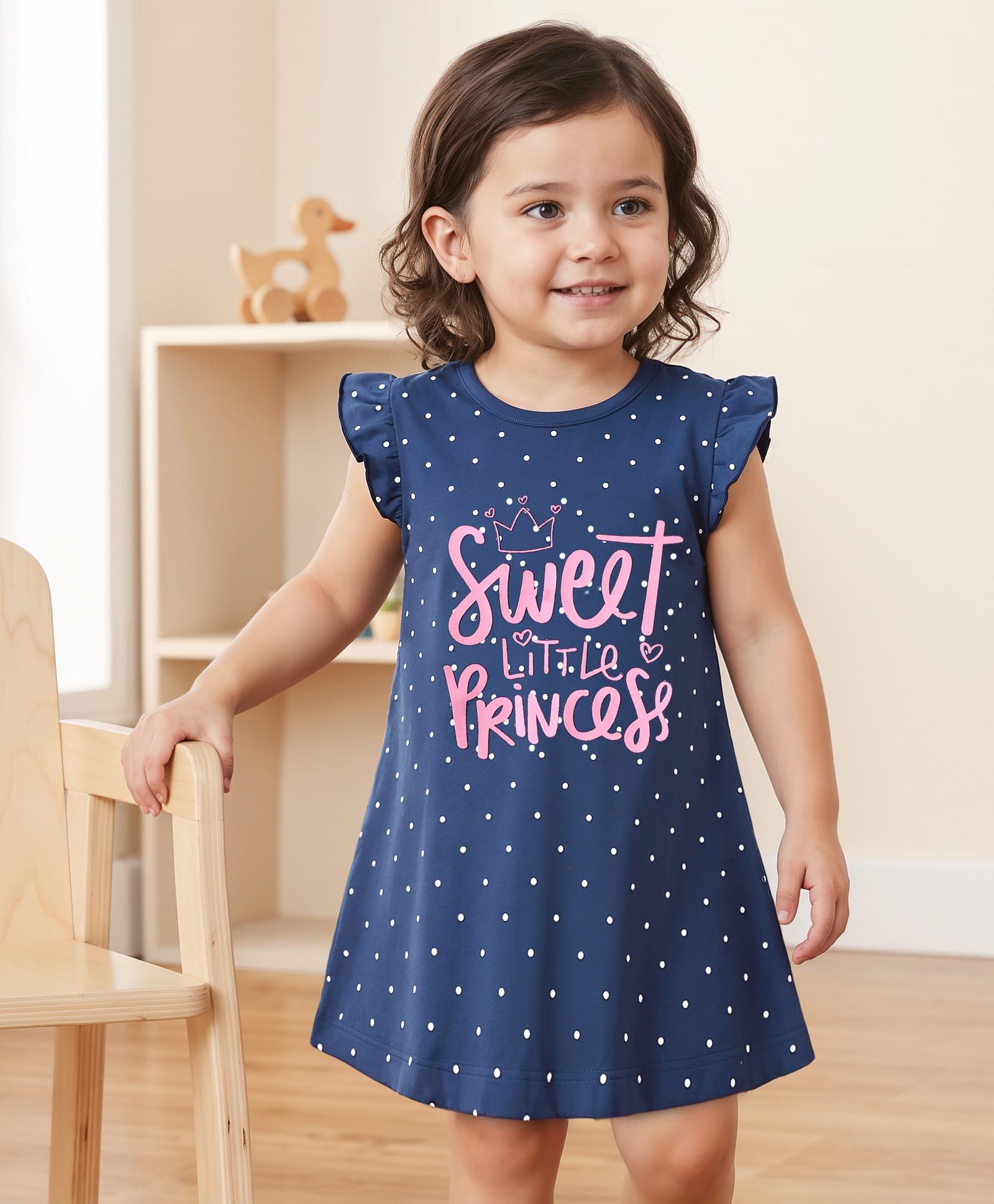 Babyhug Cotton Knit Frill Sleeves Nighty With Text & Polka Dot Print - Navy Blue-picture-24