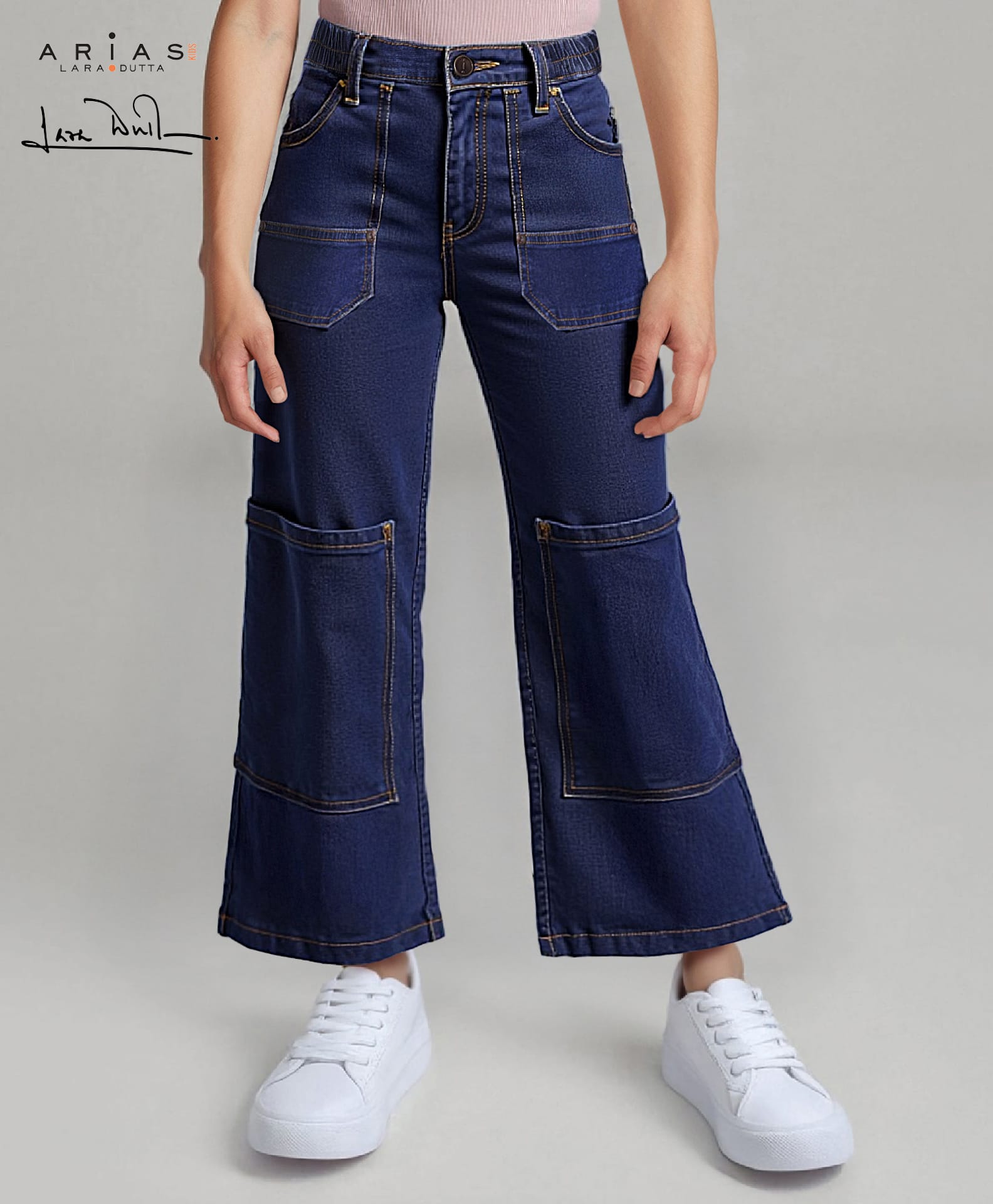 arias by lara dutta Arias Denim Woven Full Length Wide Leg Washed Jeans With Stretch & Patch Pockets - Blue-picture-19