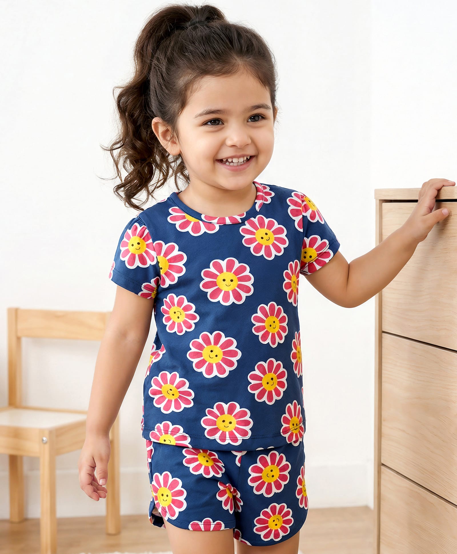 Babyhug Cotton Knit Half Sleeves Shorts Co-Ord Night Suit With Floral Print - Navy Blue-image-38
