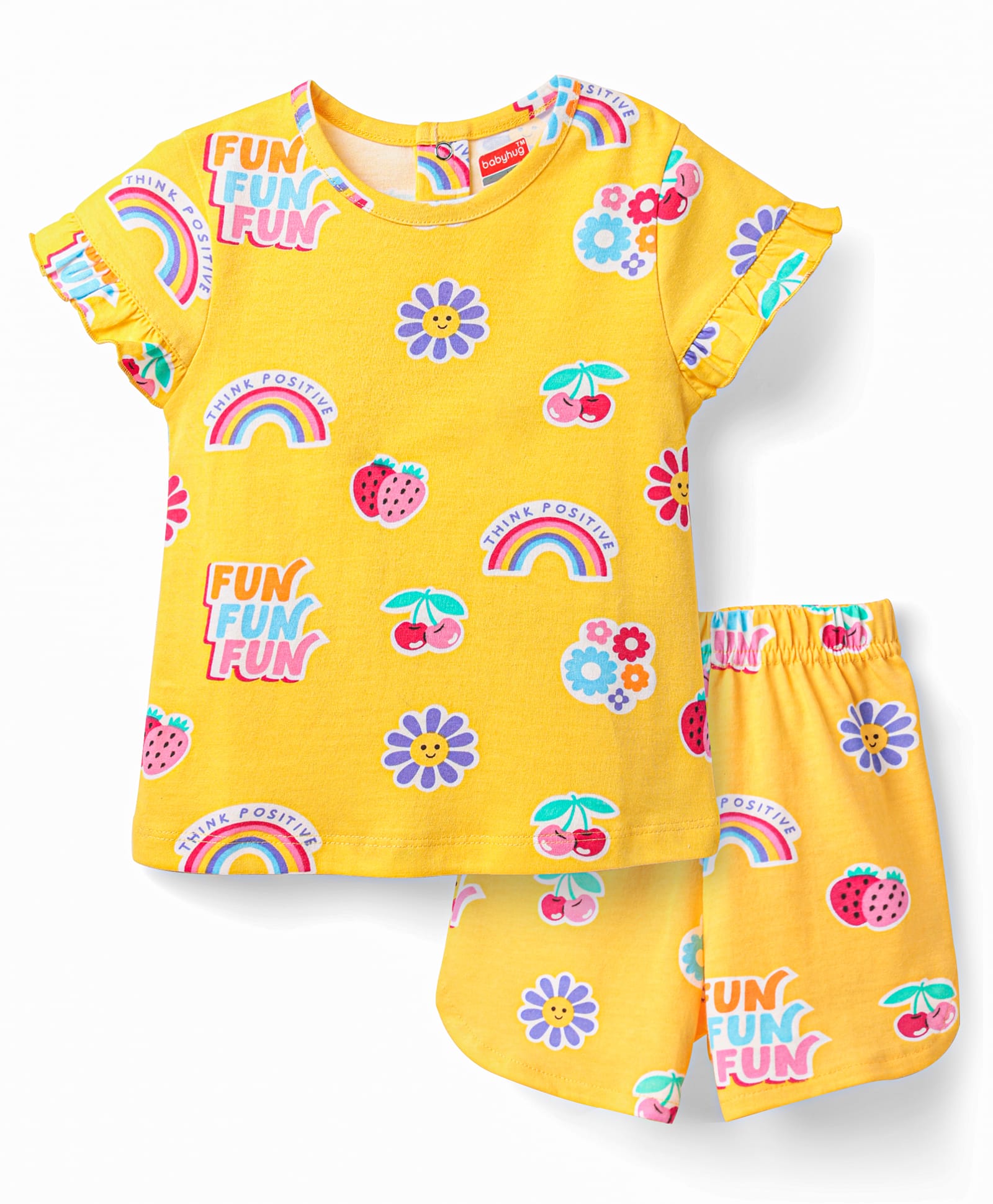 Babyhug Cotton Knit Half Sleeves Co-ords Short Night Suit With Floral Print - Yellow