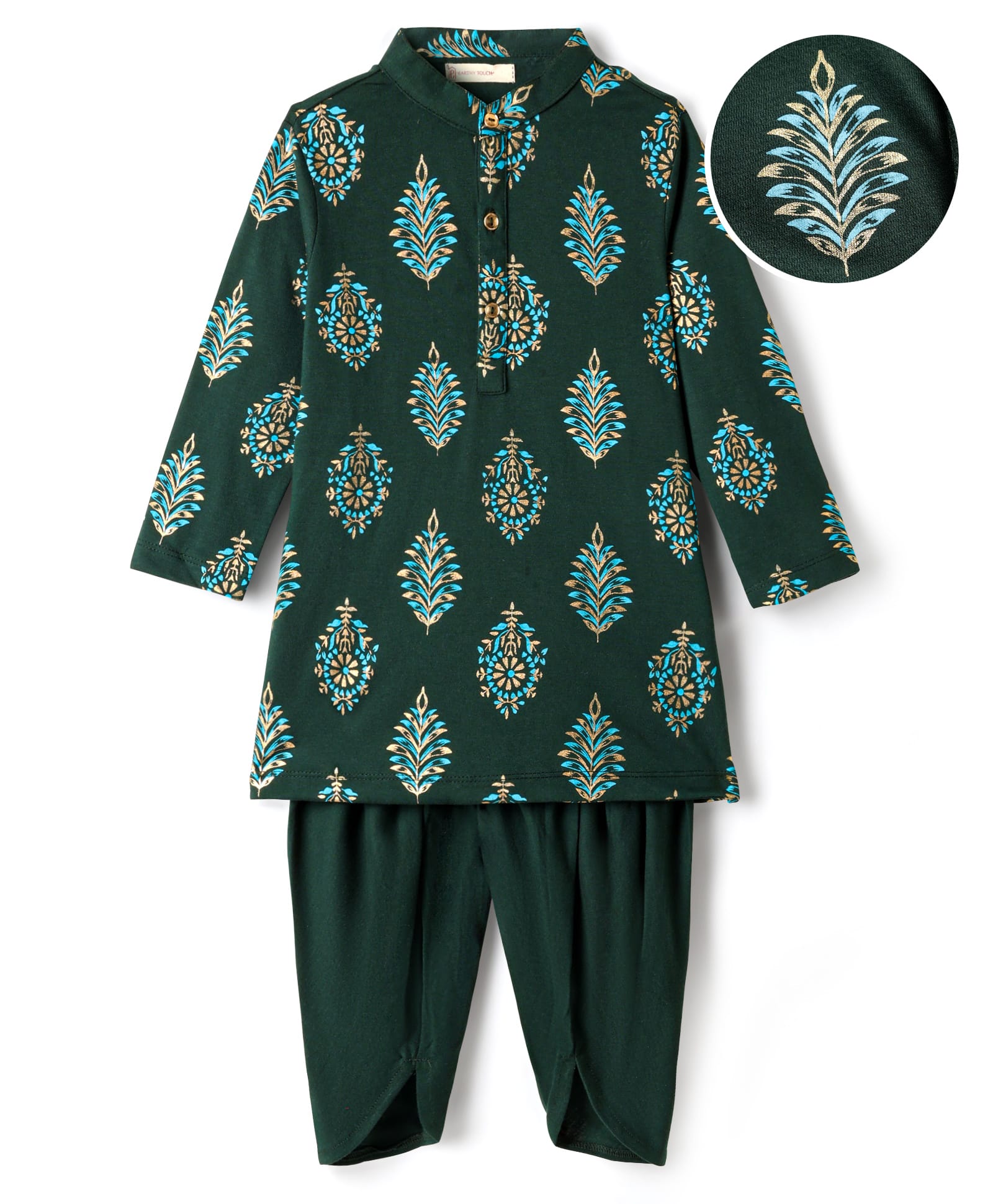 EARTHY TOUCH Single Jersey Knit Full Sleeves Dhoti Kurta Set With Floral Print - Green-picture-18