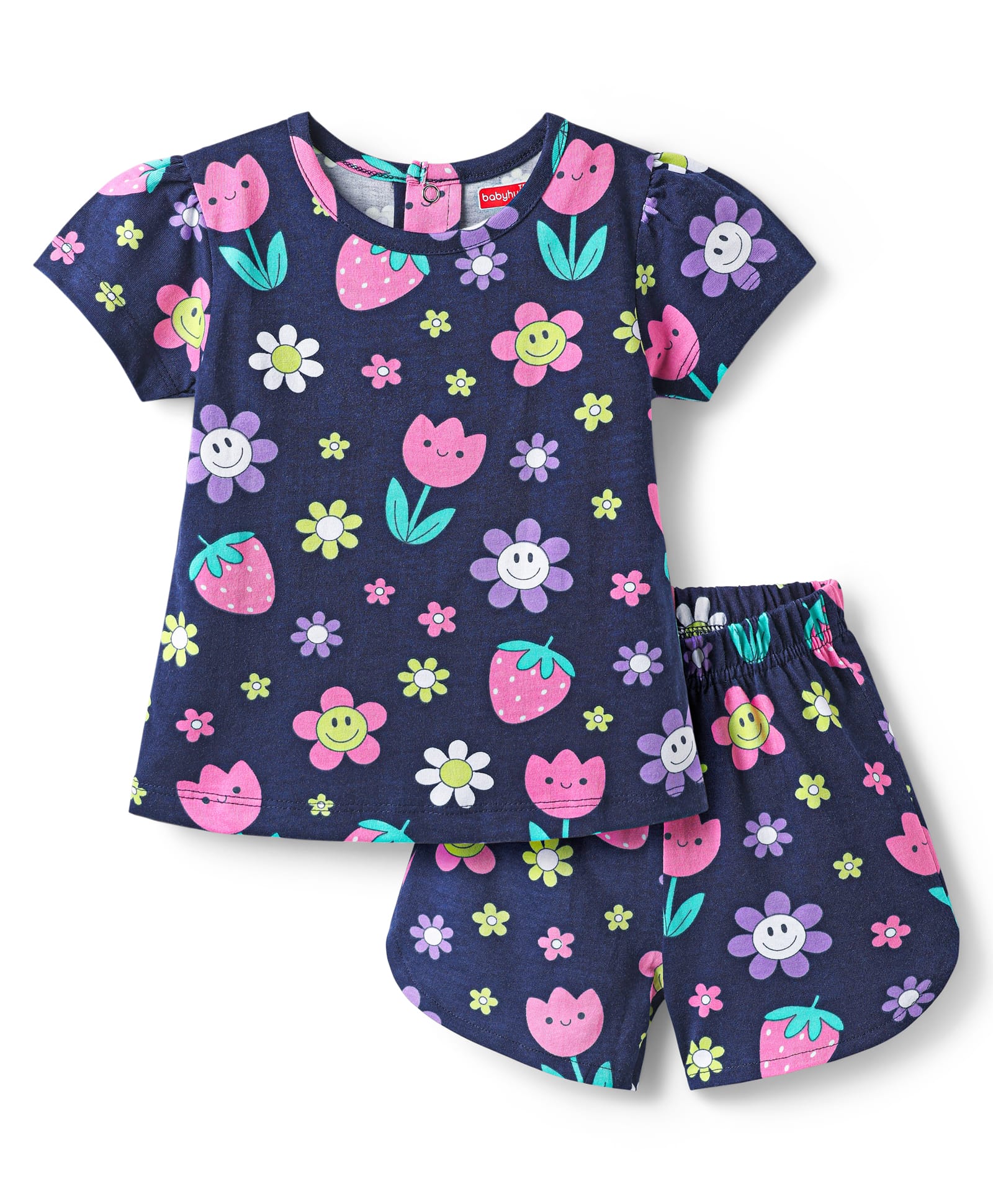 Babyhug Cotton Knit Half Sleeves Shorts Co-Ord Night Suit With Floral & Fruit Print - Navy Blue