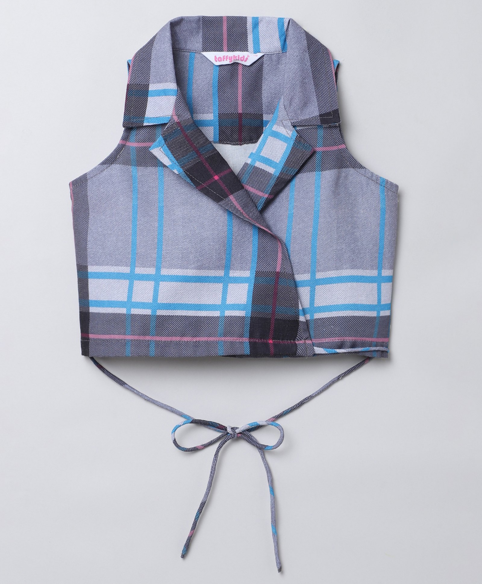 Taffykids Sleeveless Checkered Wrap Around Blazer Style Crop Top - Grey & Multi-image-31