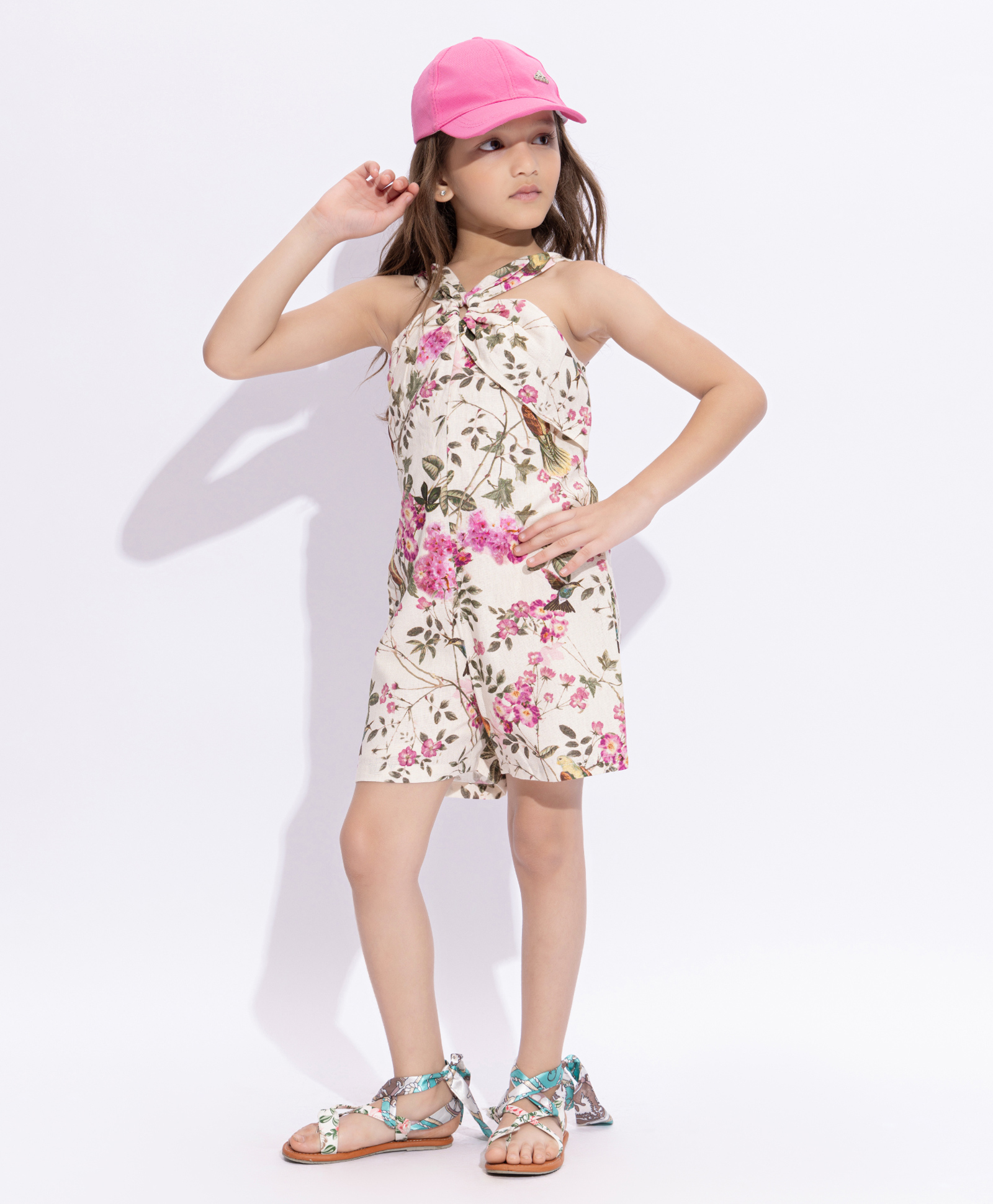 Taffykids Cotton Blend Sleeveless Floral & Birds Printed Jumpsuit - Beige & Multi Colour-picture-21