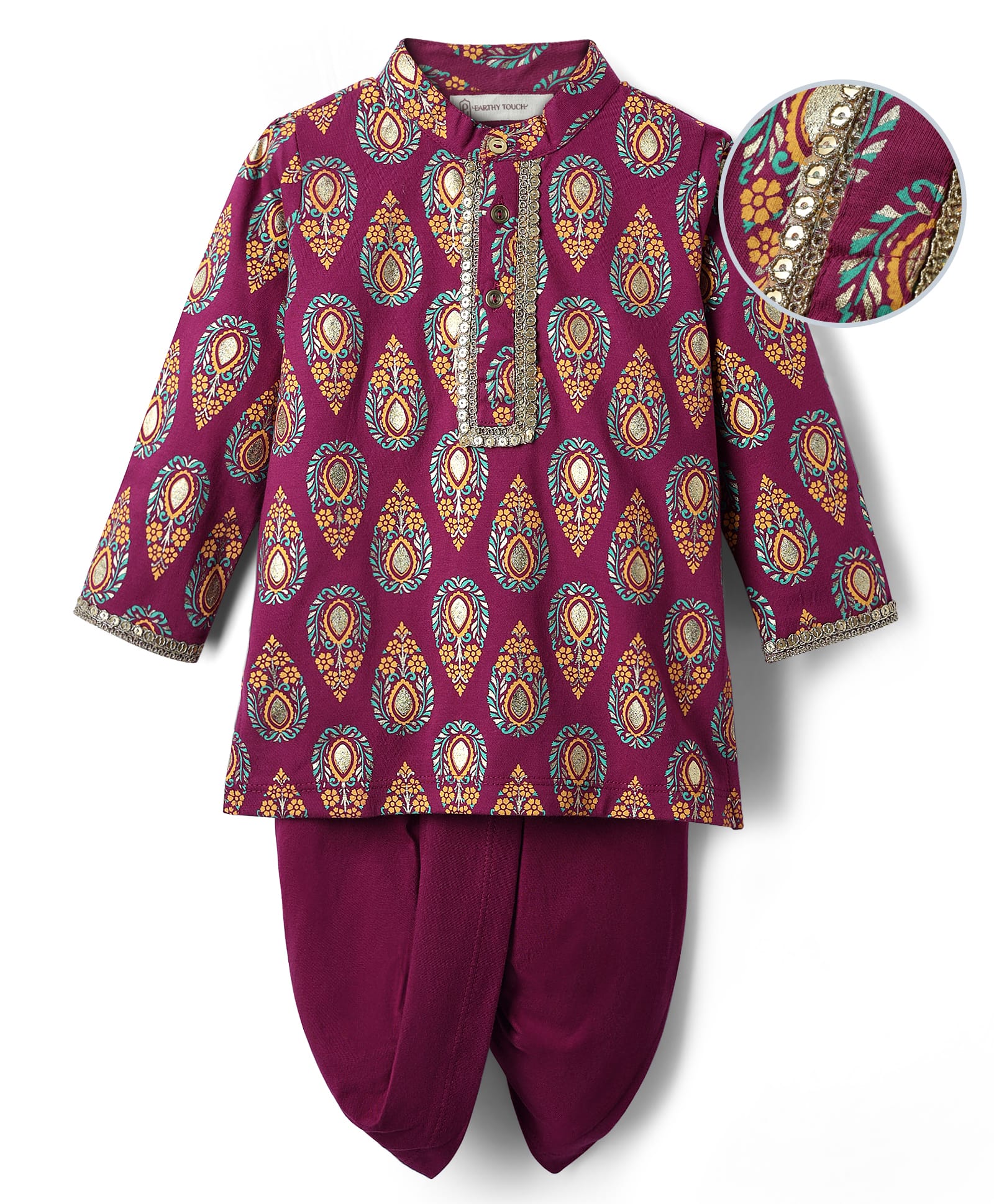 EARTHY TOUCH Single Jersey Knit Mandarin Collar Full Sleeves Kurta Dhoti Set with Floral Print & Lace Detailing - Purple-image-28
