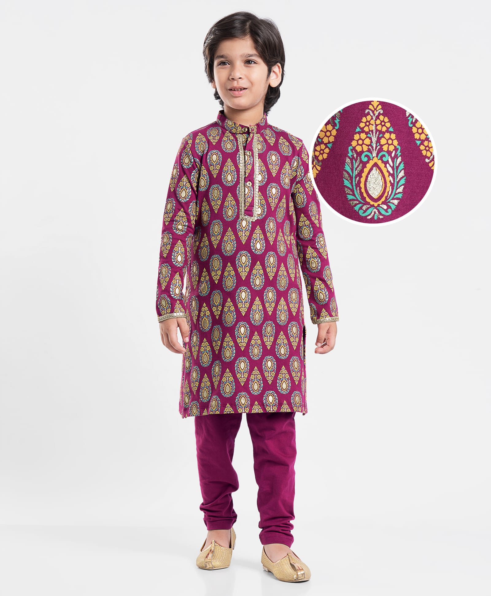 EARTHY TOUCH Single Jersey Knit Mandarin Collar Full Sleeves Kurta Pyjama Set With Floral Print - Purple-picture-26