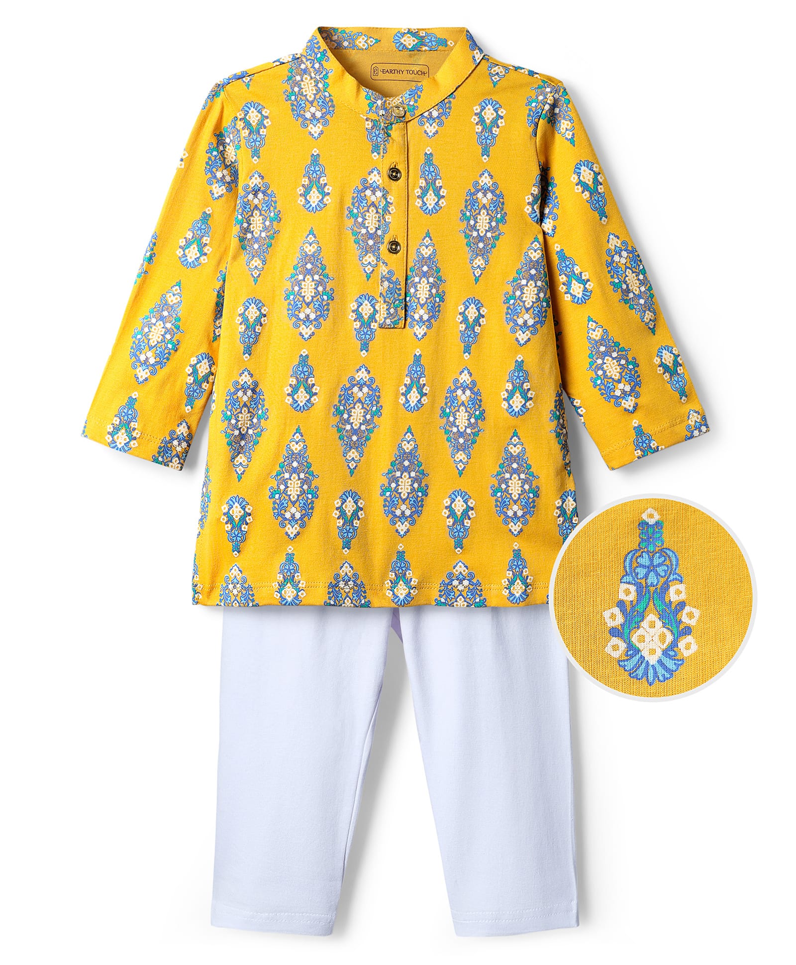 EARTHY TOUCH Single Jersey Knit Mandarin Collar Full Sleeves Kurta Pyjama Set With Floral Print - Mustard-picture-25