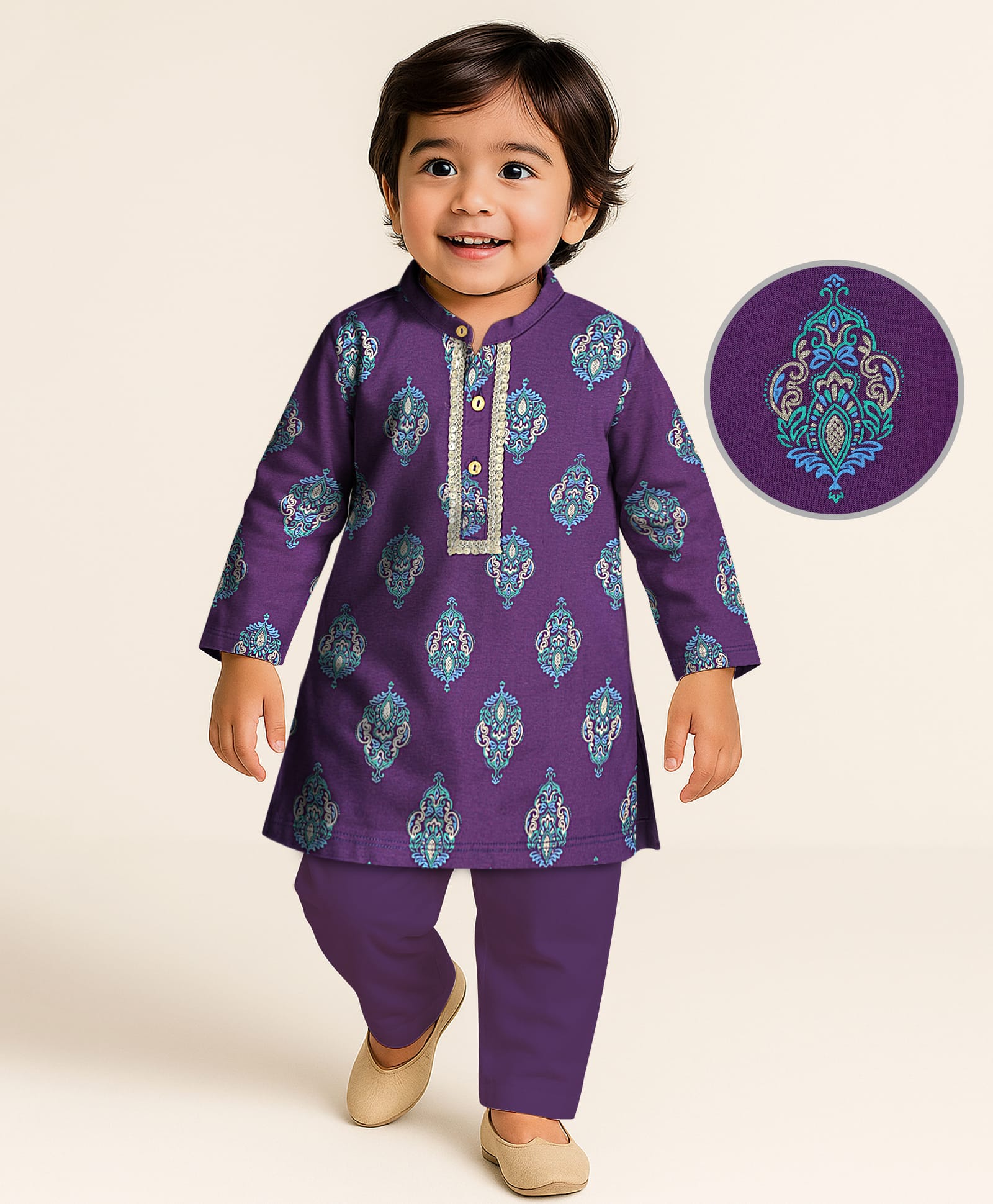 EARTHY TOUCH Single Jersey Knit Full Sleeves Kurta Pyjama Set with Foil Print & Lace Detailing - Purple-image-23