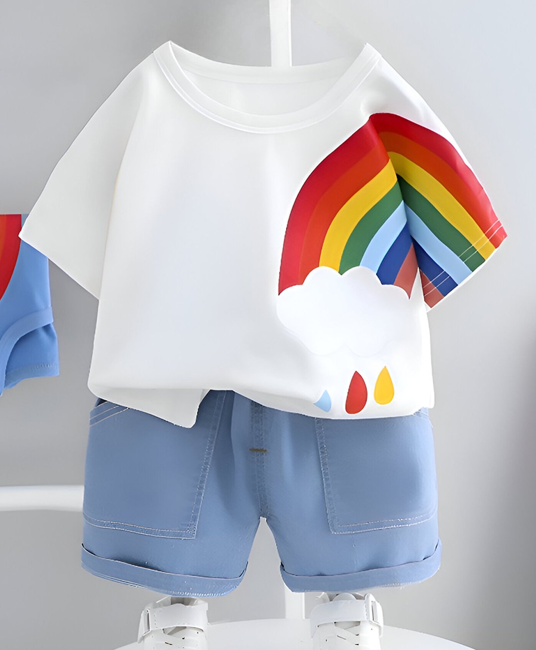 Googo Gaaga Cotton Half Sleeves Rainbow Printed Tee & Shorts Set - White-image-34