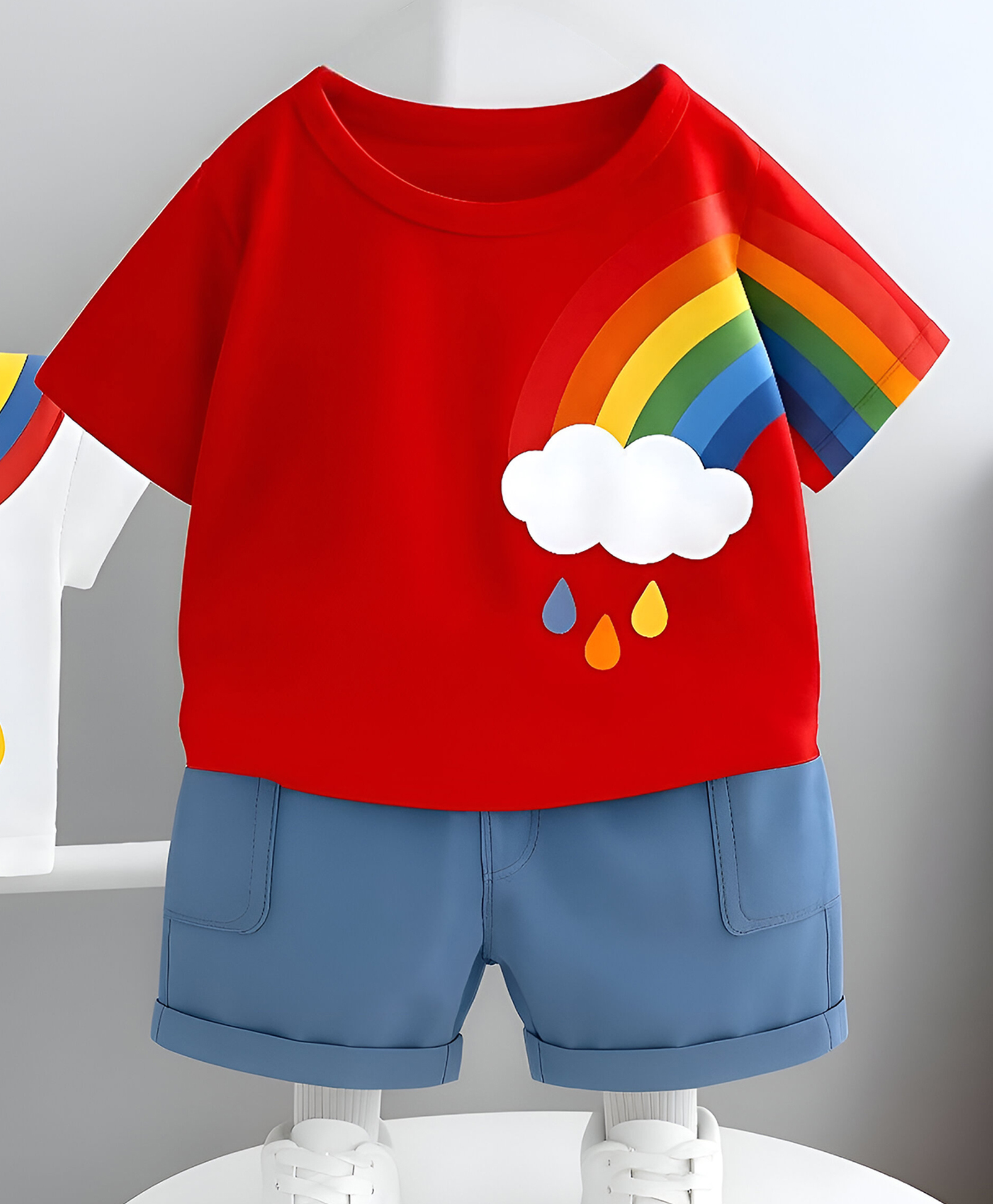 Googo Gaaga Cotton Half Sleeves Rainbow Printed Tee & Shorts Set - Red-image-32