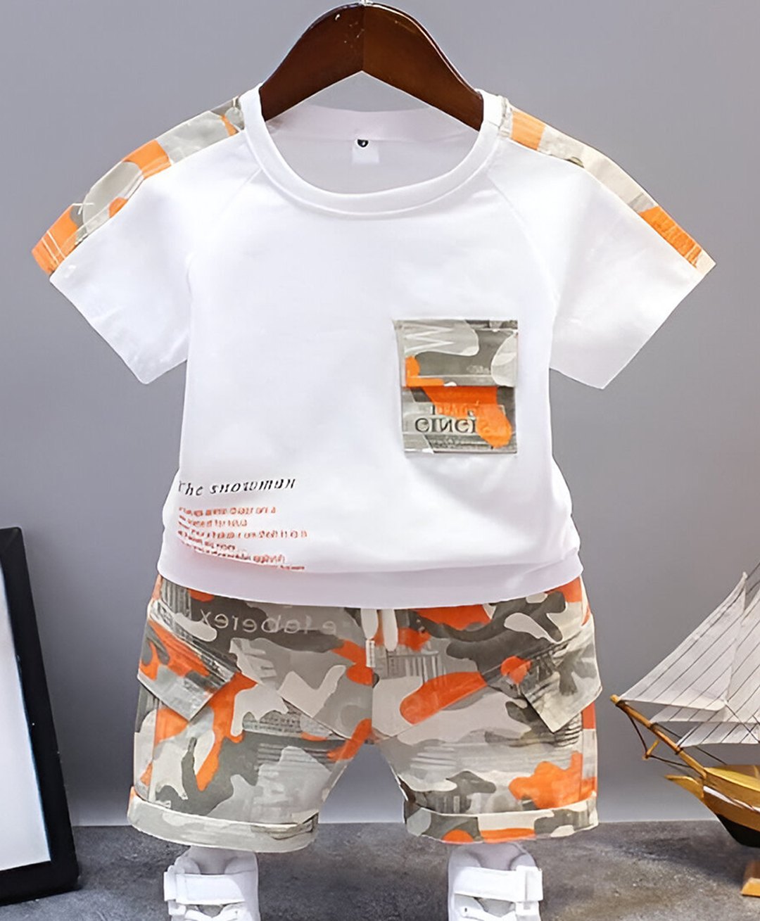 Googo Gaaga Cotton Half Sleeves Typography & Camouflage Printed Coordinating Tee & Shorts Set - White-image-27