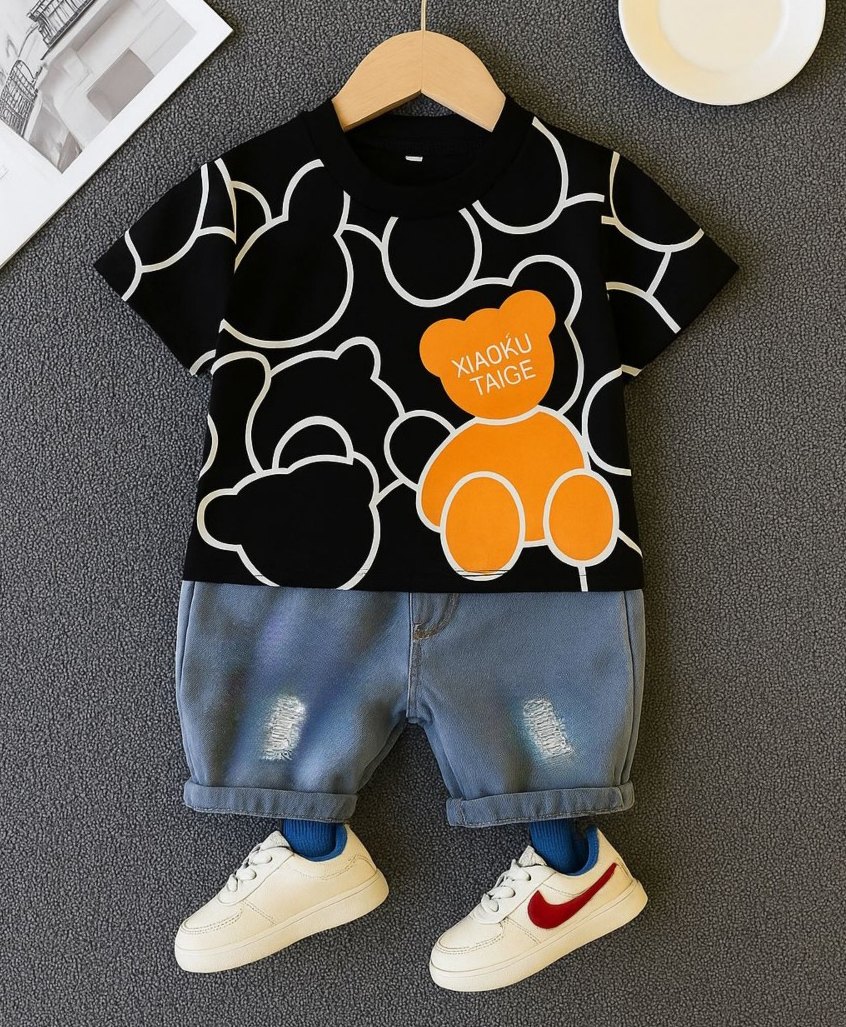 Googo Gaaga Cotton Half Sleeves Teddy Bears Printed Tee & Distressed Shorts Set - Black-image-25