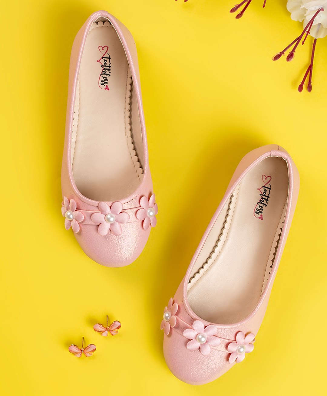 Toothless Floral Applique Detailed & Pearls Embellished Ballerinas - Metallic Pink-image-40