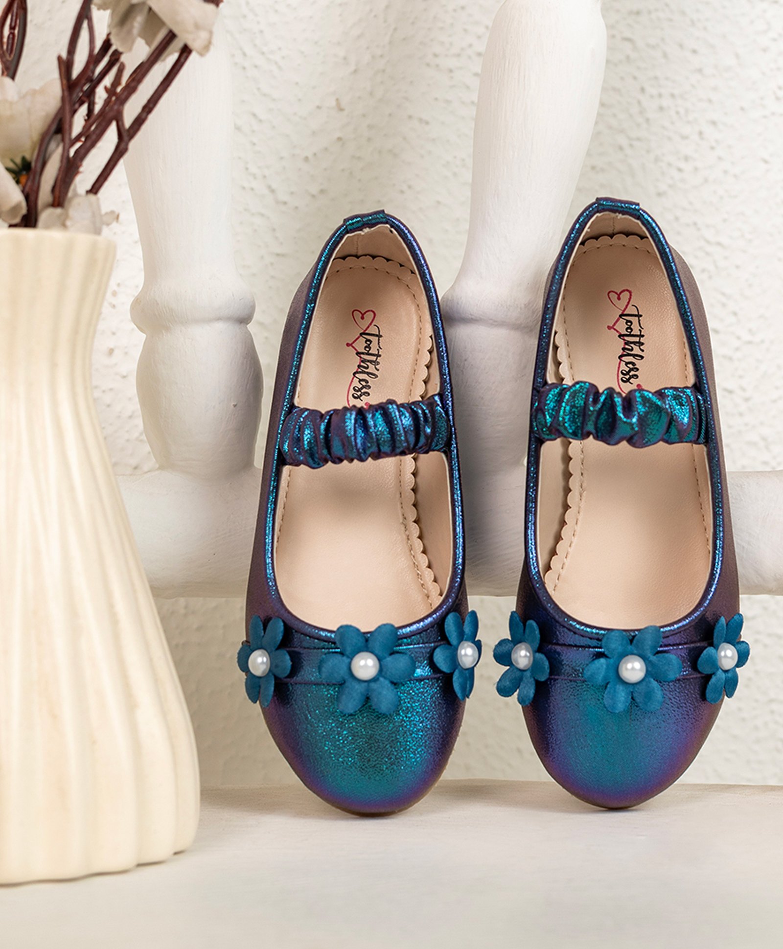 Toothless Floral Applique Detailed & Pearls Embellished Shimmered Mary Jane Ballerinas - Metallic Blue-image-29