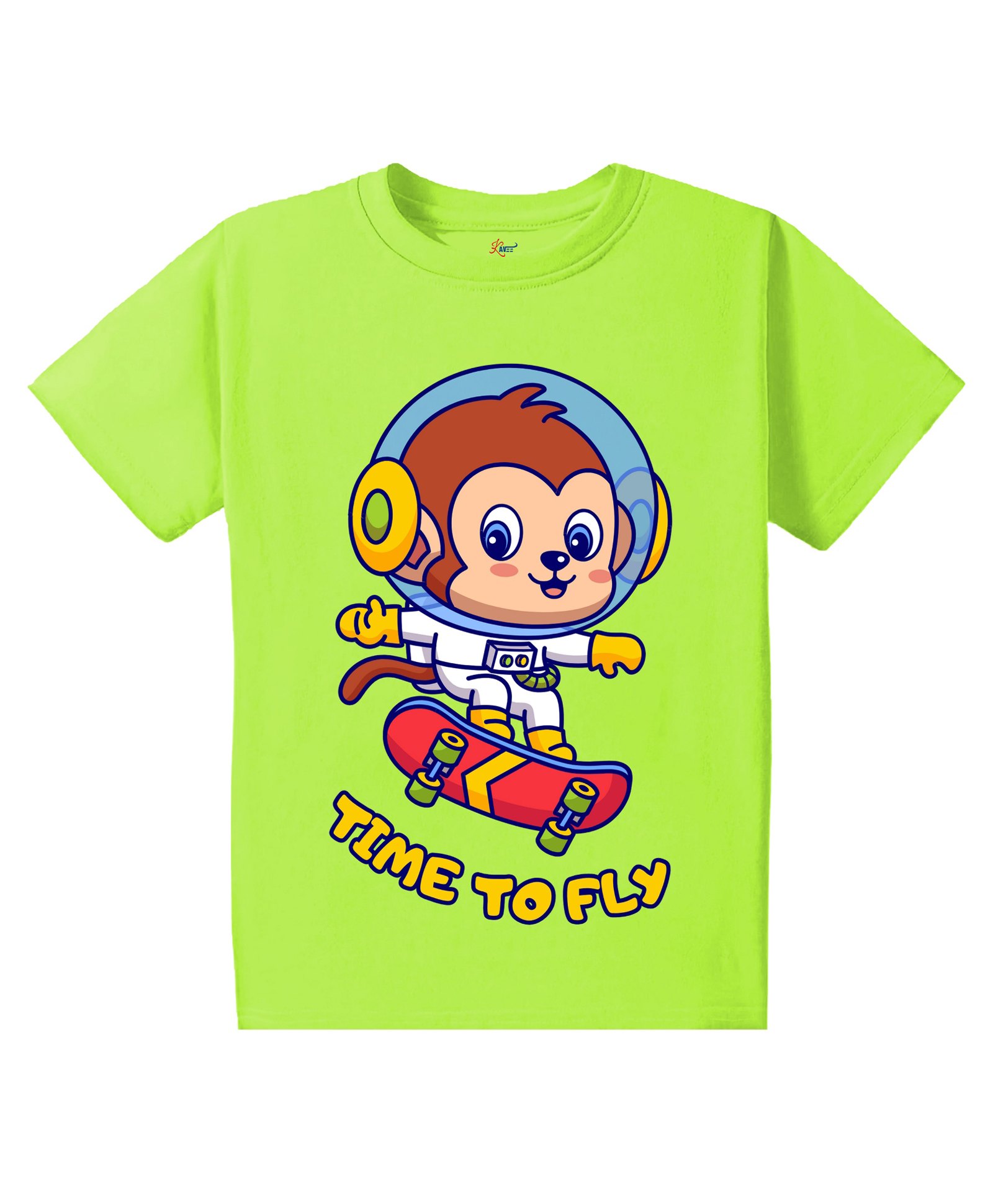 KAVEE Pure Cotton Half Sleeves Baby Monkey & Time To Fly Text Printed Bio Washed Tee - Neon Green-picture-35