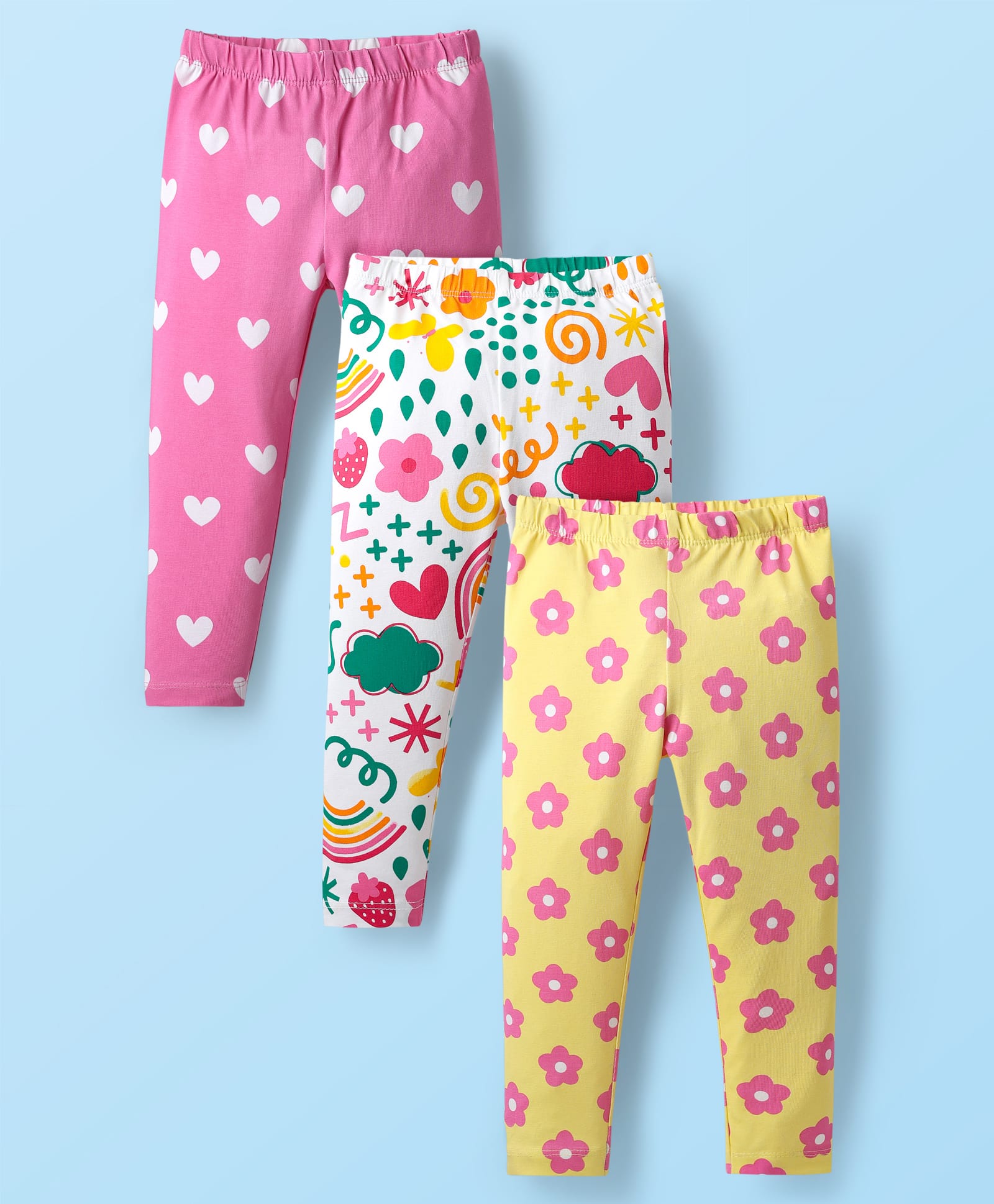 Babyhug Cotton Knit Full Length Leggings with Heart & Floral Print Pack Of 3 - Pink & Yellow-picture-20