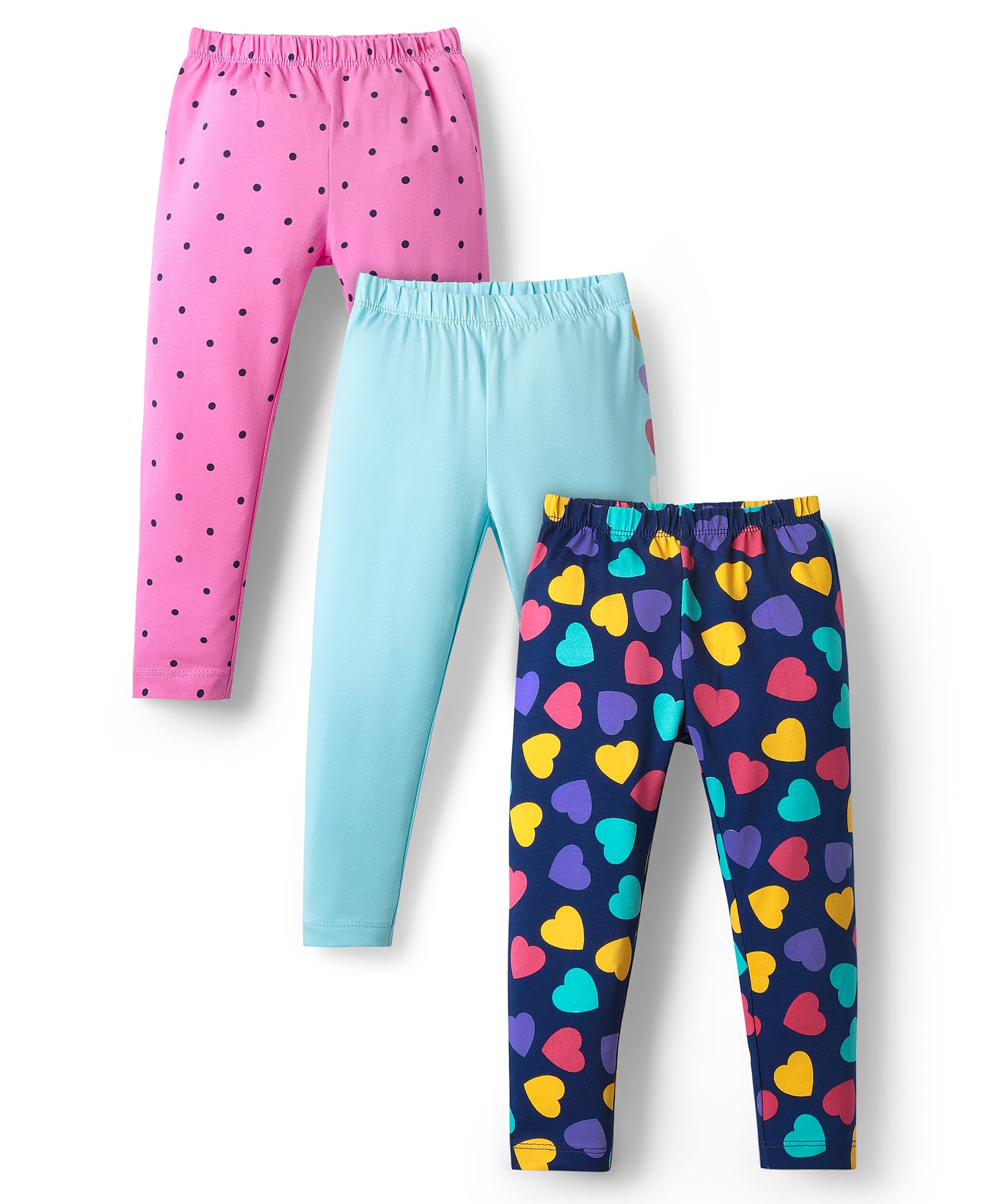 Babyhug Cotton Lycra Leggings With Polka Dots & Hearts Print Pack Of 3 - Light Blue Pink & Navy Blue-image-34