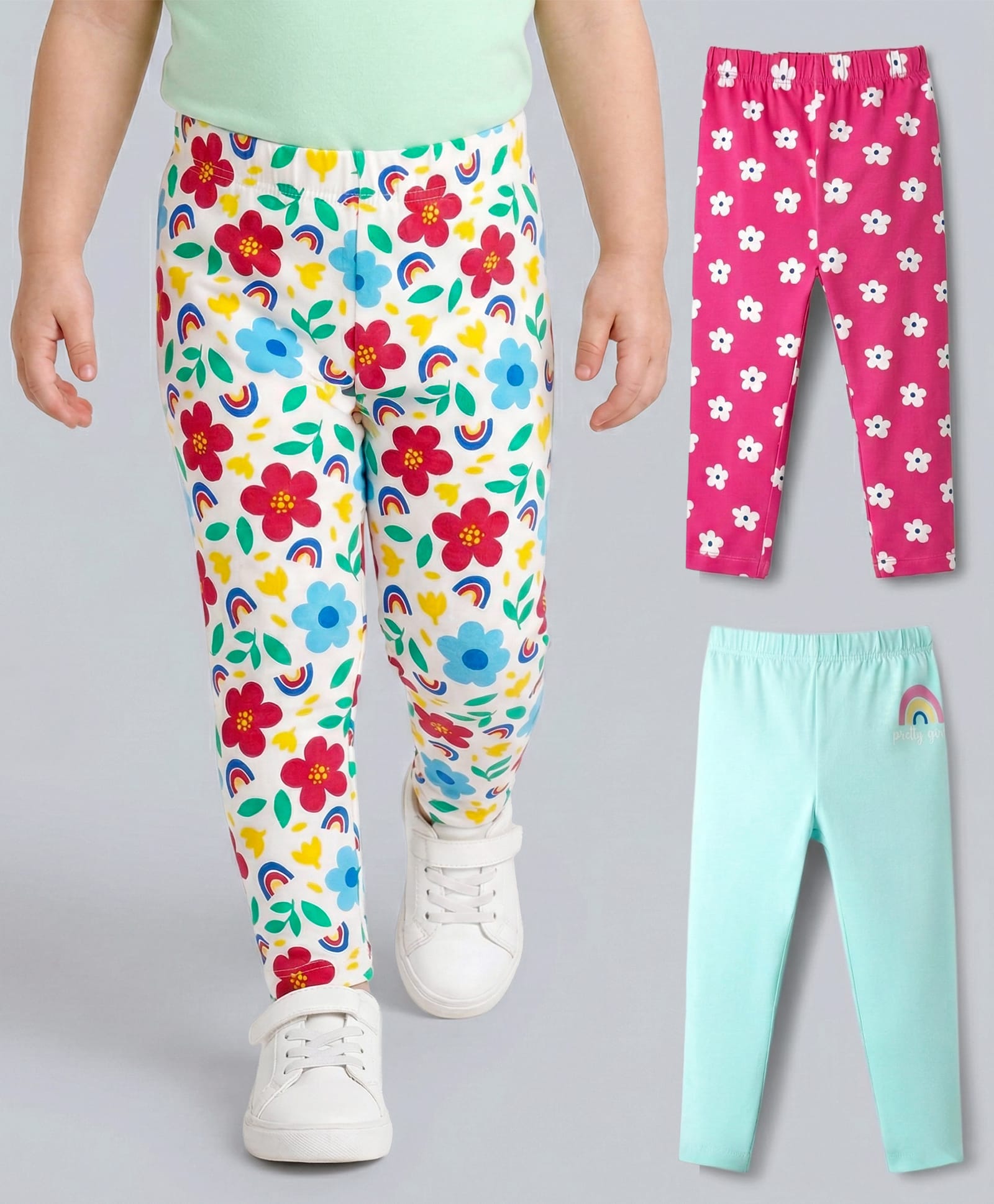 Babyhug Cotton Lycra Knit Full Length Floral & Rainbow Printed Leggings Pack of 3 - Multicolor-picture-25