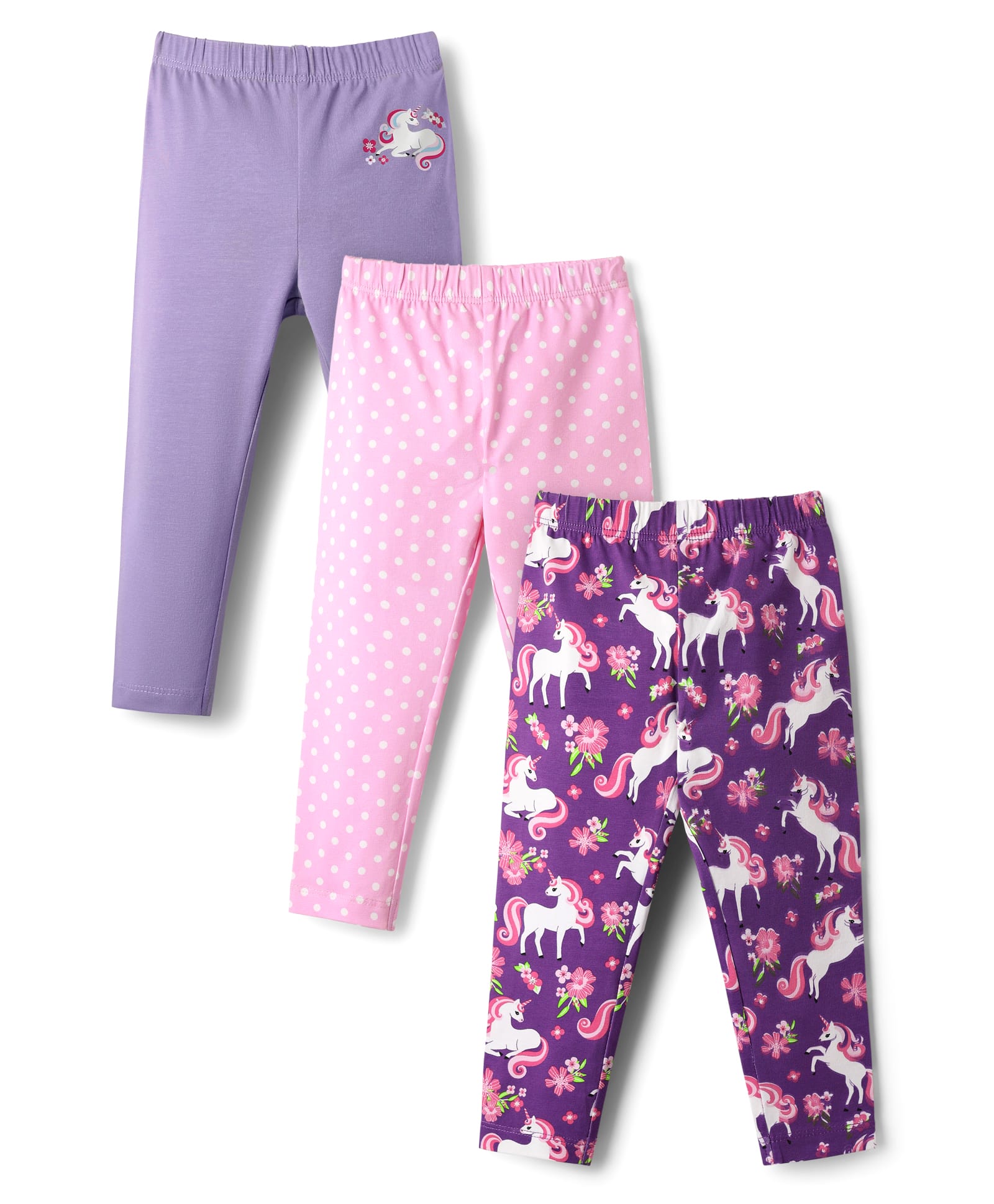 Babyhug Cotton Lycra Knit Full Length Unicorn & Polka Dot Printed Leggings Pack of 3 - Multicolor-image-0