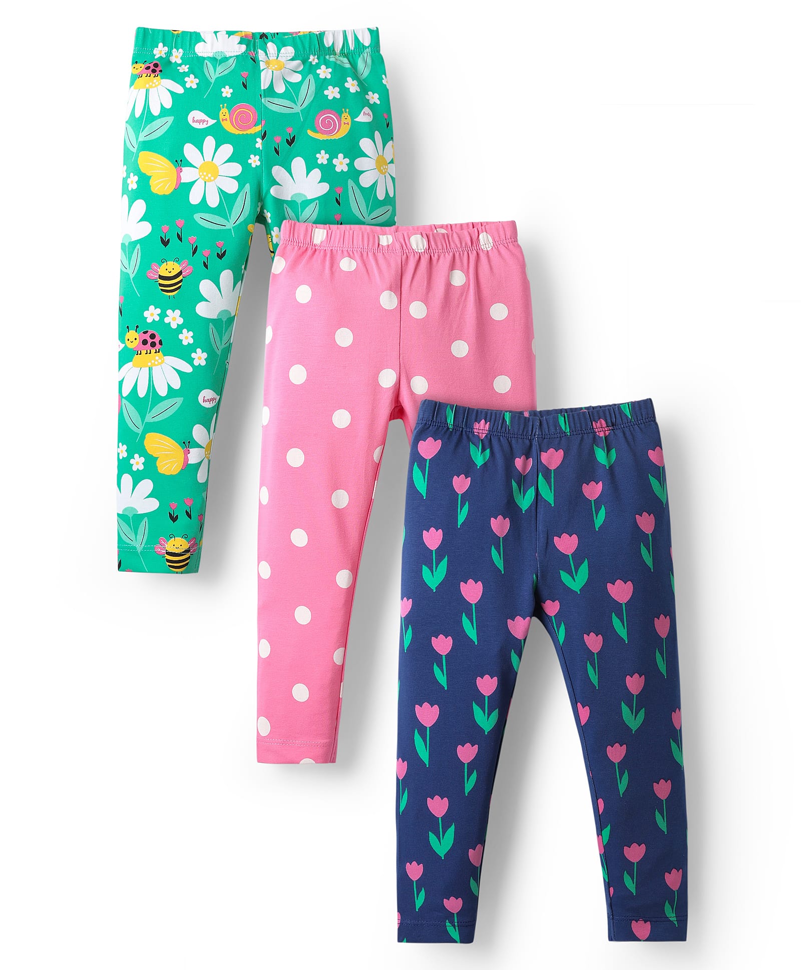 Babyhug Cotton Lycra Leggings With Polka Dots & Tropical Theme Print Pack Of 3 - Navy Blue Green & Pink-image-39