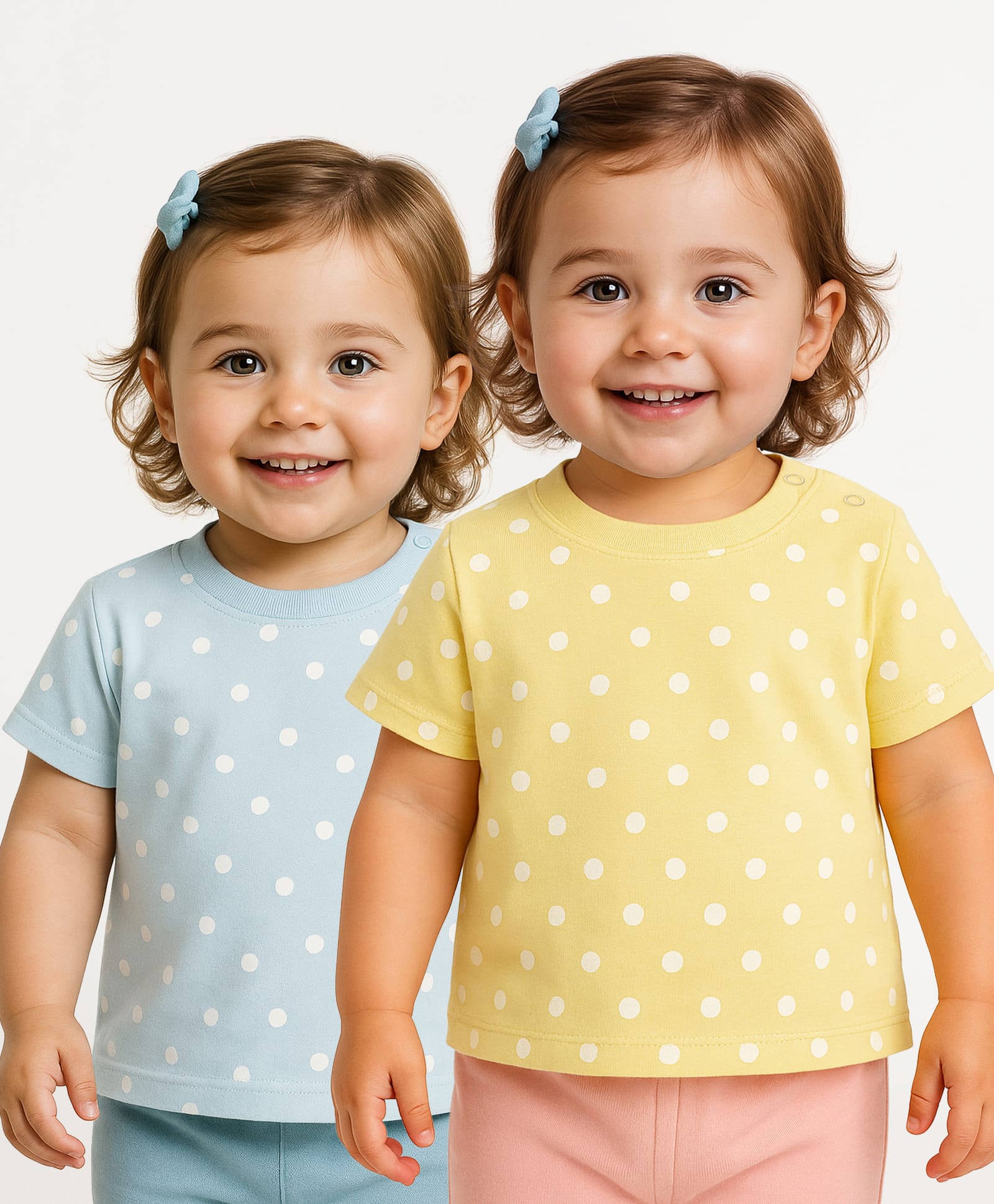 Babyoye 100% Cotton Knit Half Sleeves T-Shirts with Polka Dots Print Pack of 2 - Yellow & Light Blue-picture-19