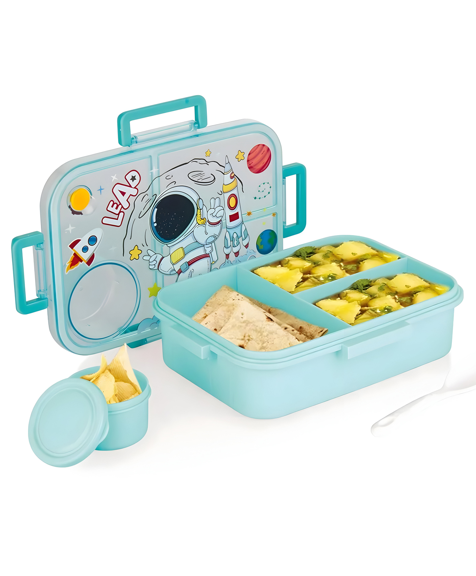 SCHOOLISH Plastic Lunch Box Mix Print Themed with 3 Compartment 1 Small Container Air-Tight Leakproof BPA Free 1200ml+80ml- PACK OF 1- COLOR MAY VARY-image-40