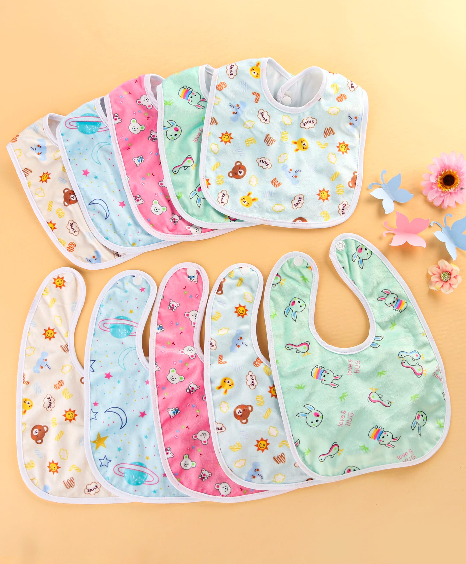 ZOE Waterproof Feeding Bibs for Babies with Snap Button Closure | Pack of 10 | Soft, Breathable & Machine Washable | Animal Print Multicolour