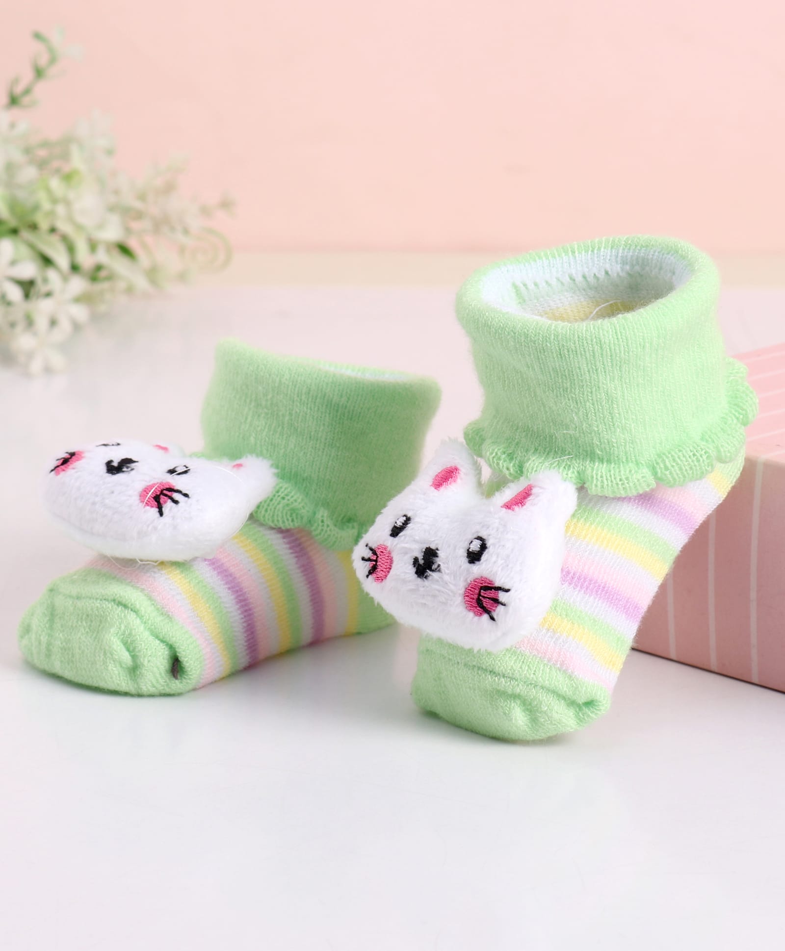 Cute Walk by Babyhug Socks With Stripes & Kitty Applique - Light Green-image-11