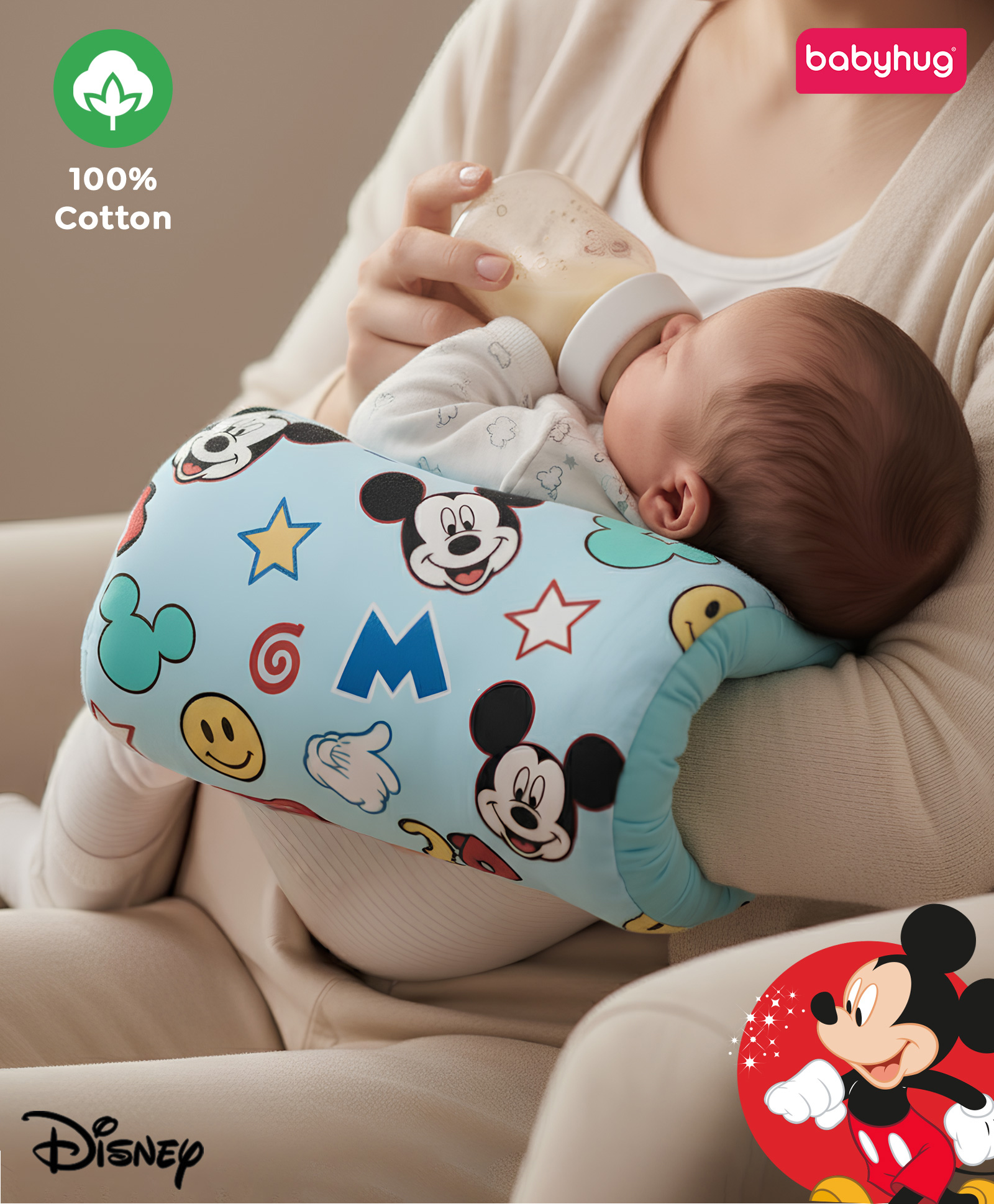 Babyhug Disney Nursing Baby Arm Pillow | Head Support Pillow Anti-Spitting Breastfeeding and Bottle Feeding Nursing Arm Pillow | Smiley Mickey Face Print - Light Blue-image-46
