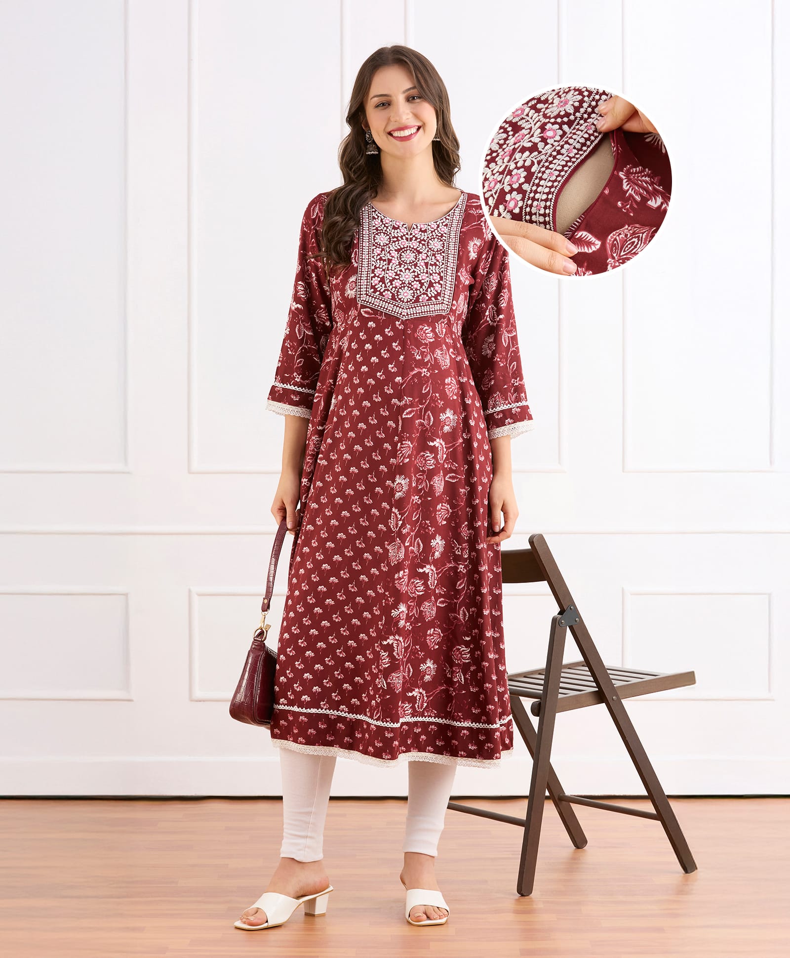 Bella Mama Viscose Woven Three Fourth Sleeves Maternity Kurta with Embroidered Yoke & Floral Print - Maroon