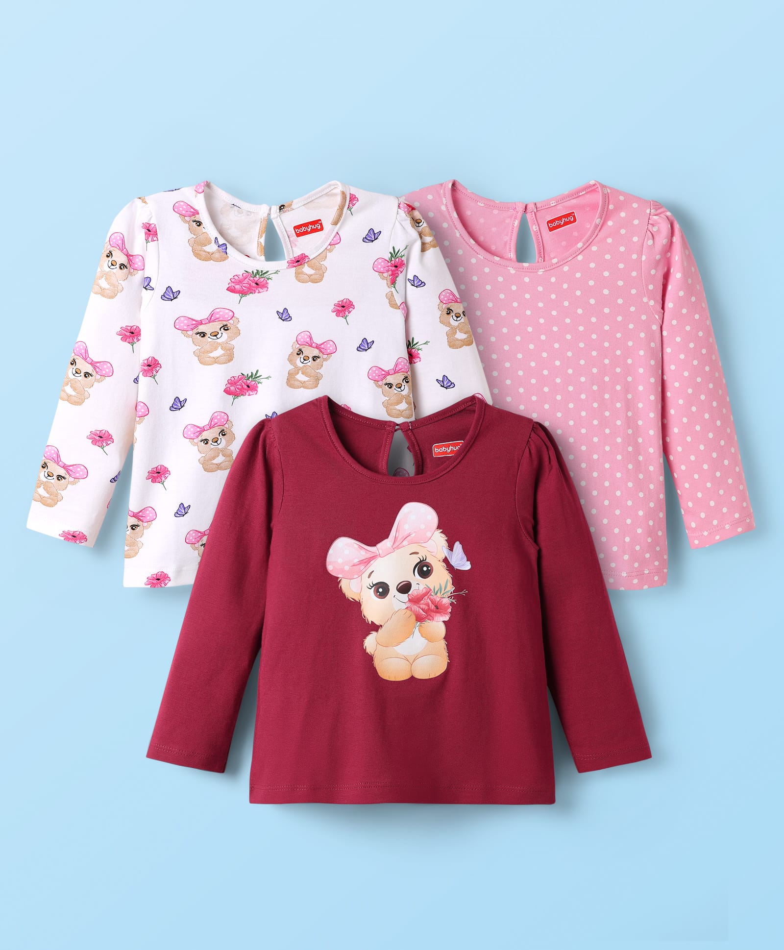 Babyhug Cotton Knit Full Sleeves T-Shirts With Bear & Polka Dot Print Pack of 3 - Pink & Maroon-image-31