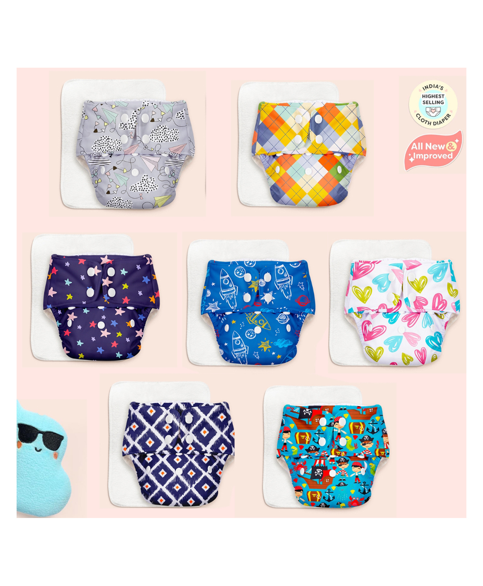 SuperBottoms BASIC Reusable Cloth Diaper for Babies 0-3 Years | Freesize Adjustable, Washable and Reusable Cloth Diaper for babies | Shell with insert | Pack of 7-image-19
